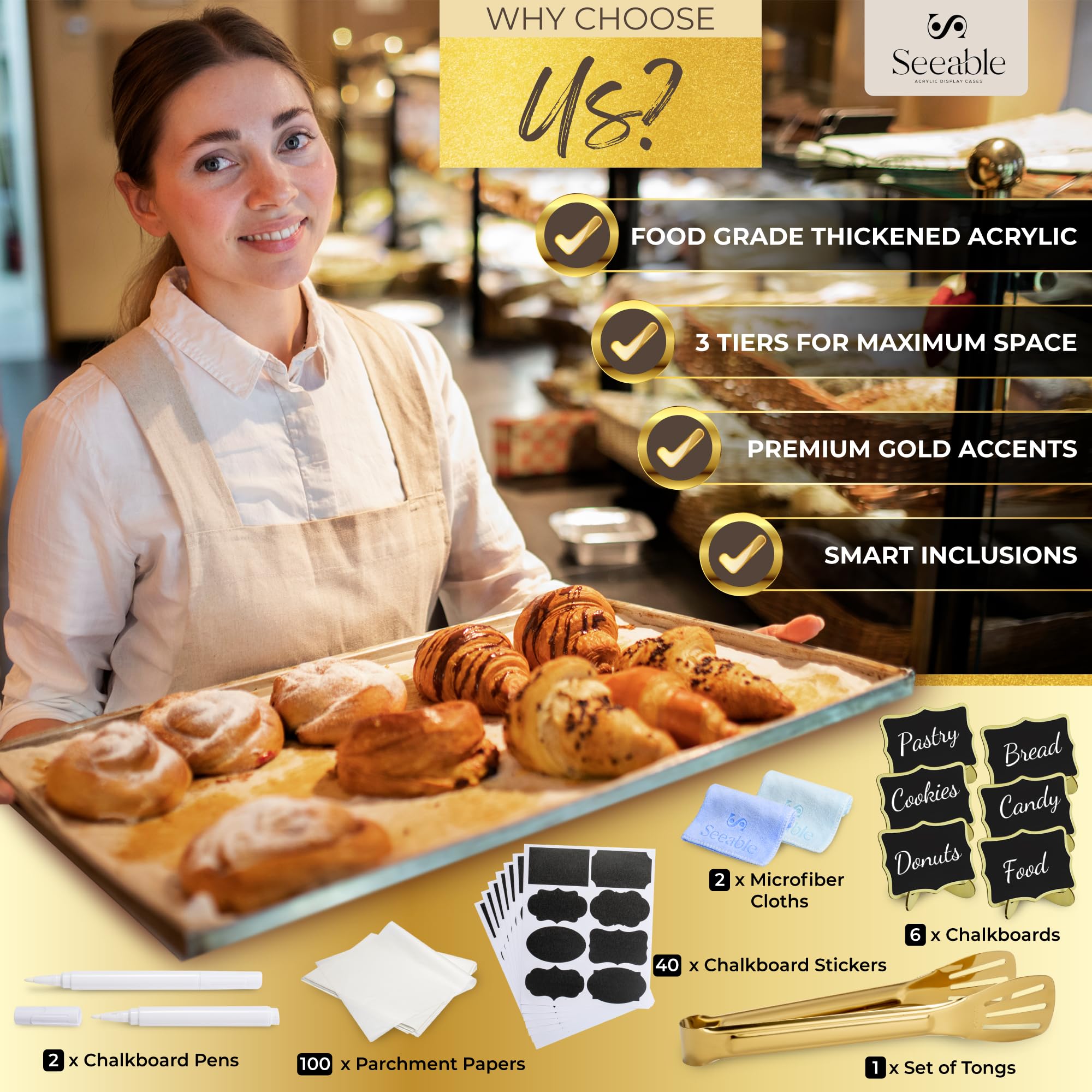 3-Tier Acrylic Bakery Display Case with Magnetic Doors, Removable Trays & Gold Trim - Countertop Pastry Showcase for Desserts, Cookies, Bread & Baked Goods (21