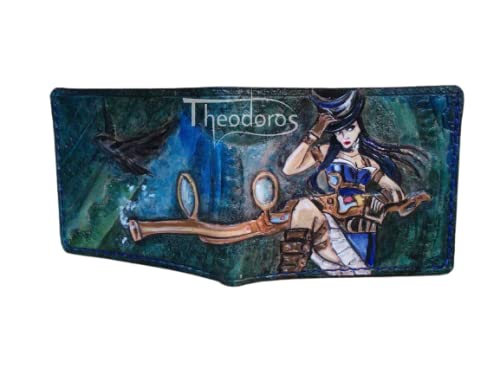 Ahri, Caitlyn, Lux, Sheriff of Piltover - Handmade 3D Genuine Leather Bifold Wallet for Men | Custom Carved & Tooled Airbrush Art | Personalized Gift for Gamers & League of Legends Fans