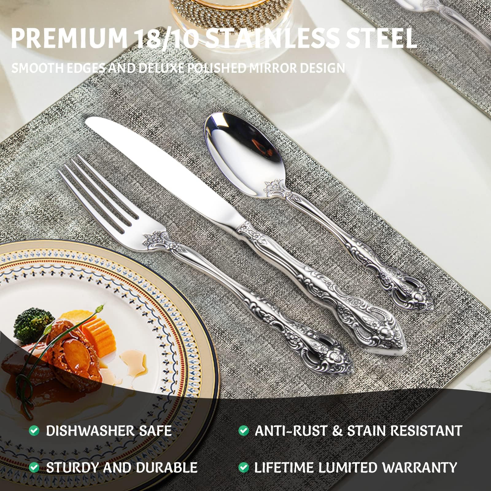 Premium 60-Piece Stainless Steel Silverware Set - European Palace Retro Style Flatware for 12 Place Settings - Dishwasher Safe Cutlery Set for Fine Dining, Wedding Registry & Home Entertaining