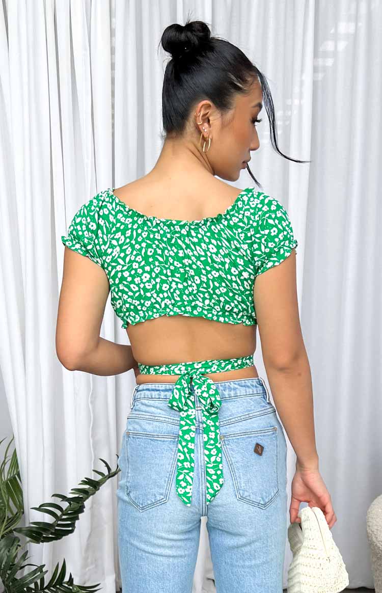 Colette Green Floral Crop Top - Women's Summer Fashion Boho Blouse for Beach, Music Festivals & Casual Outings