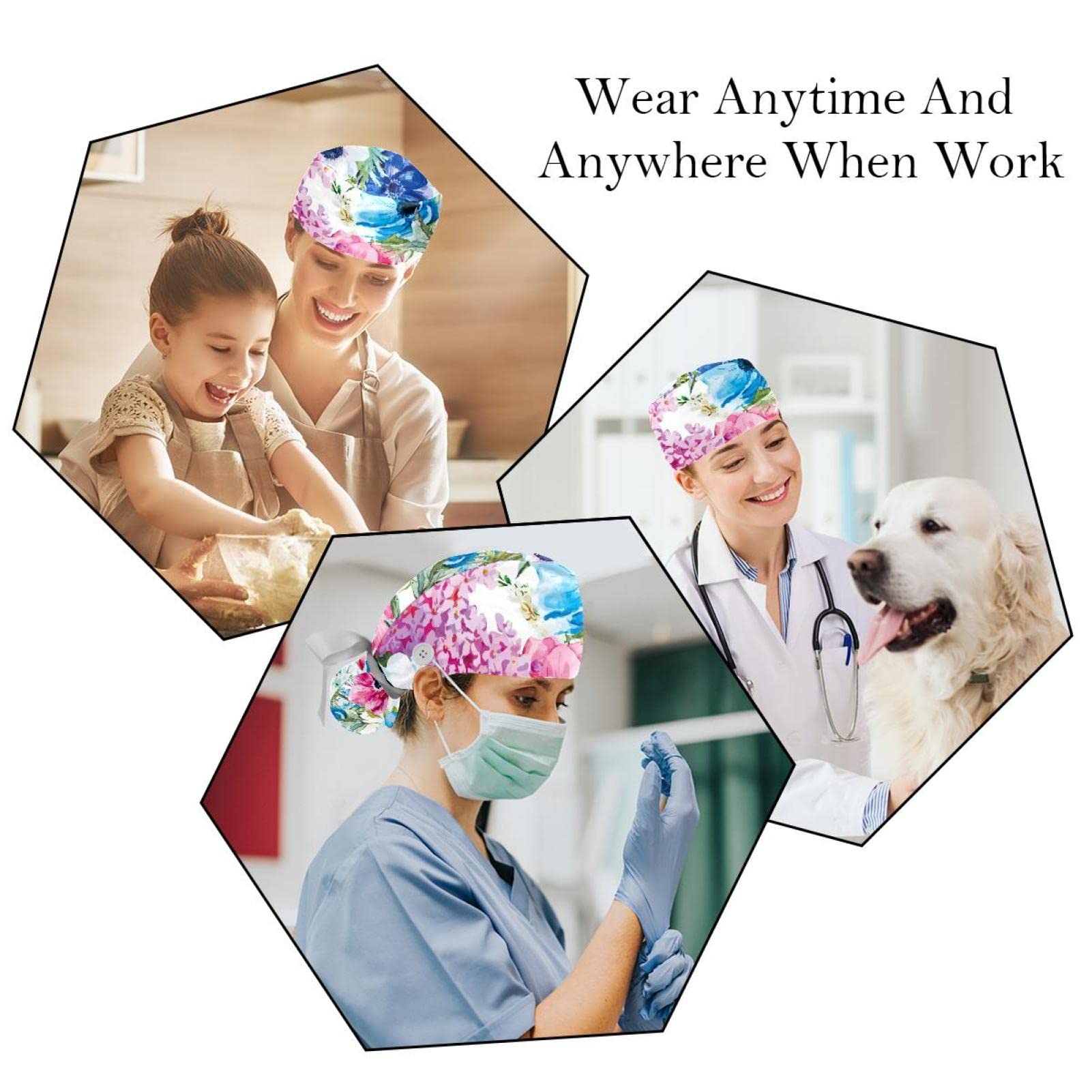 Women's Long Hair Scrub Hats - 2 Pack Unisex Surgical Caps with Button Closure & Sweatband - Comfortable Working Caps for Nurses, Doctors & Healthcare Professionals - Perfect for Hospitals, Clinics & Medical Shifts