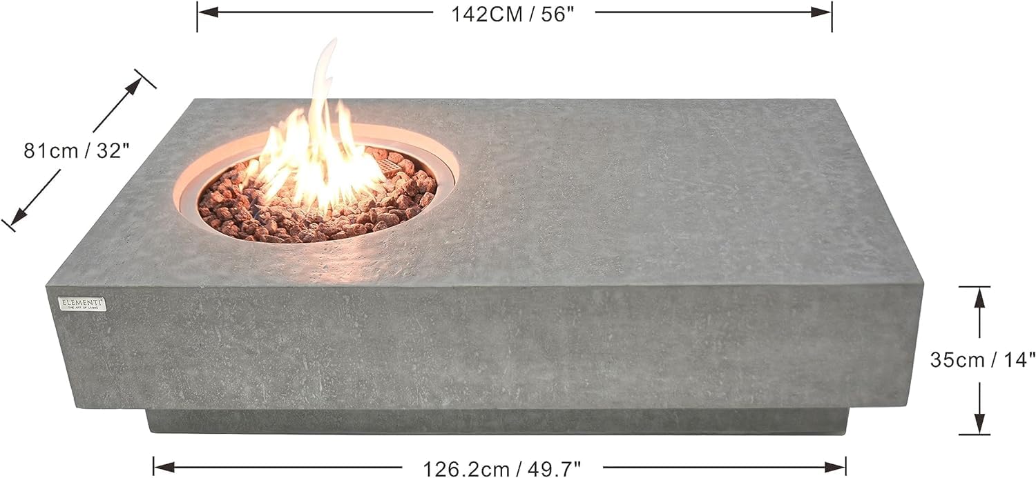 Elementi Metropolis Table Cast Concrete Natural Gas Fire Table - Outdoor Fire Pit for Patio, Deck & Backyard with Canvas Cover & Lava Rocks (Includes Free AMS Fireplace Wind Guard) | Perfect for Outdoor Entertaining, Camping & Relaxation