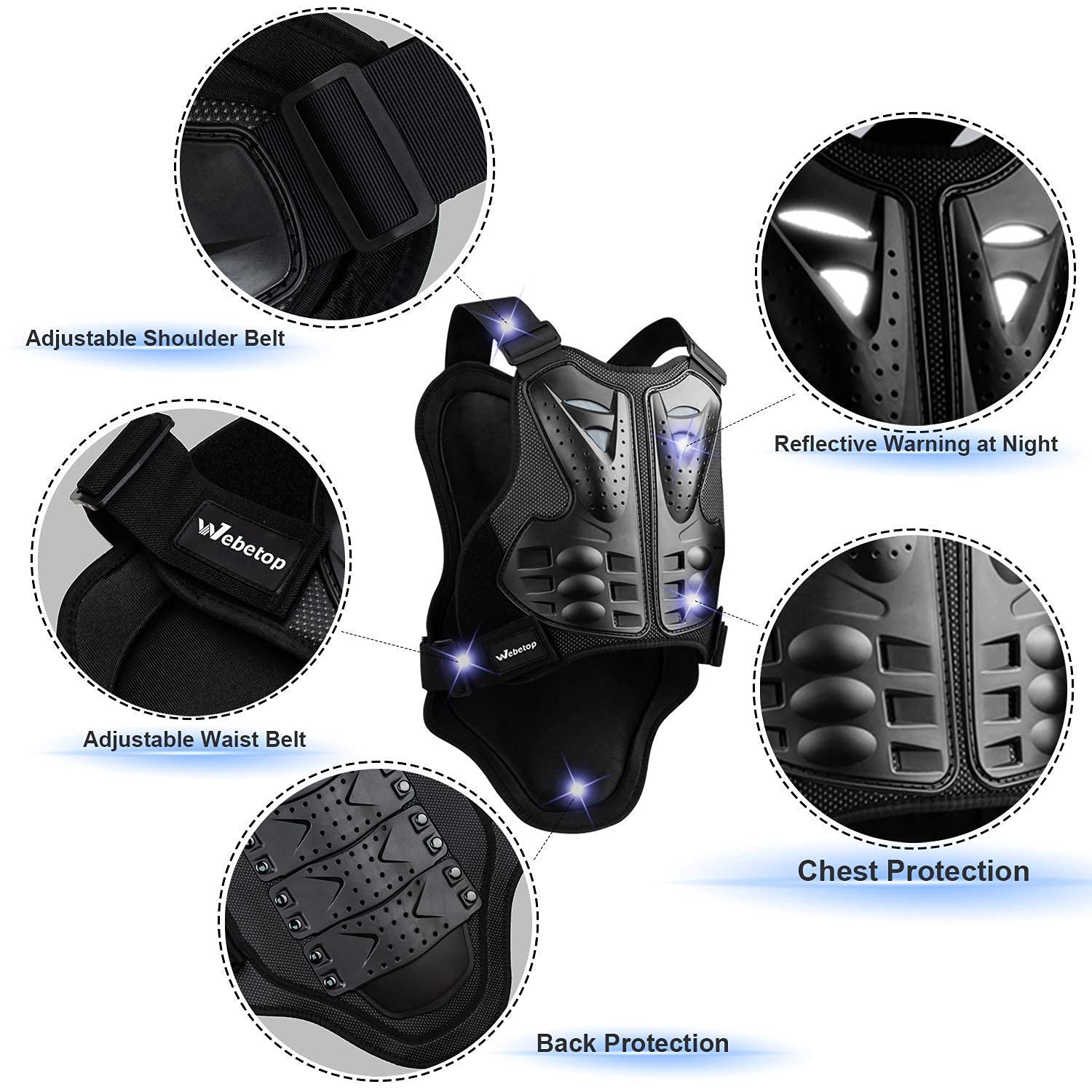 Webetop Adult & Youth Motorcycle Armor Vest Size L with Dirt Bike Knee Pads, Shin Guards & Elbow Pads - 6pc Protective Gear Set (Black) | Ideal for Motocross, ATV Riding & Extreme Sports Safety