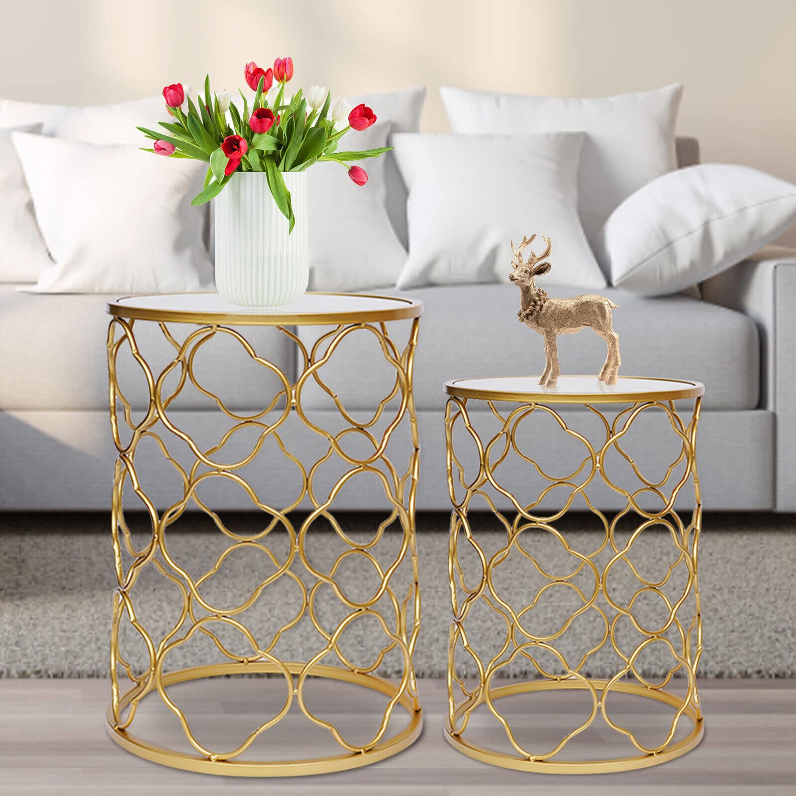 2 Pcs Round Nesting Side End Tables - Modern Metal Coffee Sofa Tables with Mirrored Top, Versatile Accent Tables for Living Room, Bedroom & Office Decor