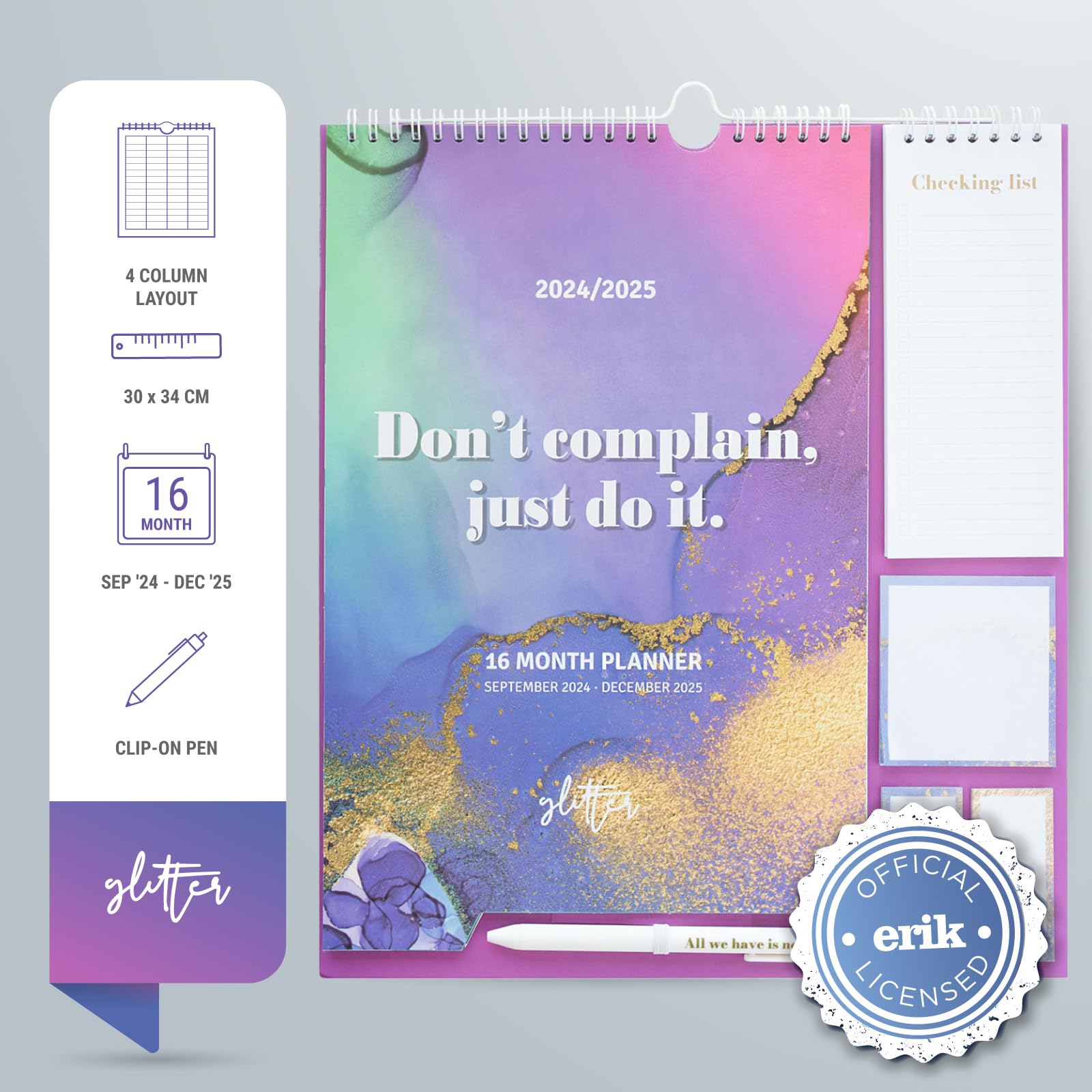 Erik Glitter Wall Calendar Planner 2025 - 16 Month Monthly Organizer (September 2024-December 2025) - 11.8x13.4 Inches with Stickers, Pen & Shopping List - Cute Home Office School Decor for Planning & Productivity