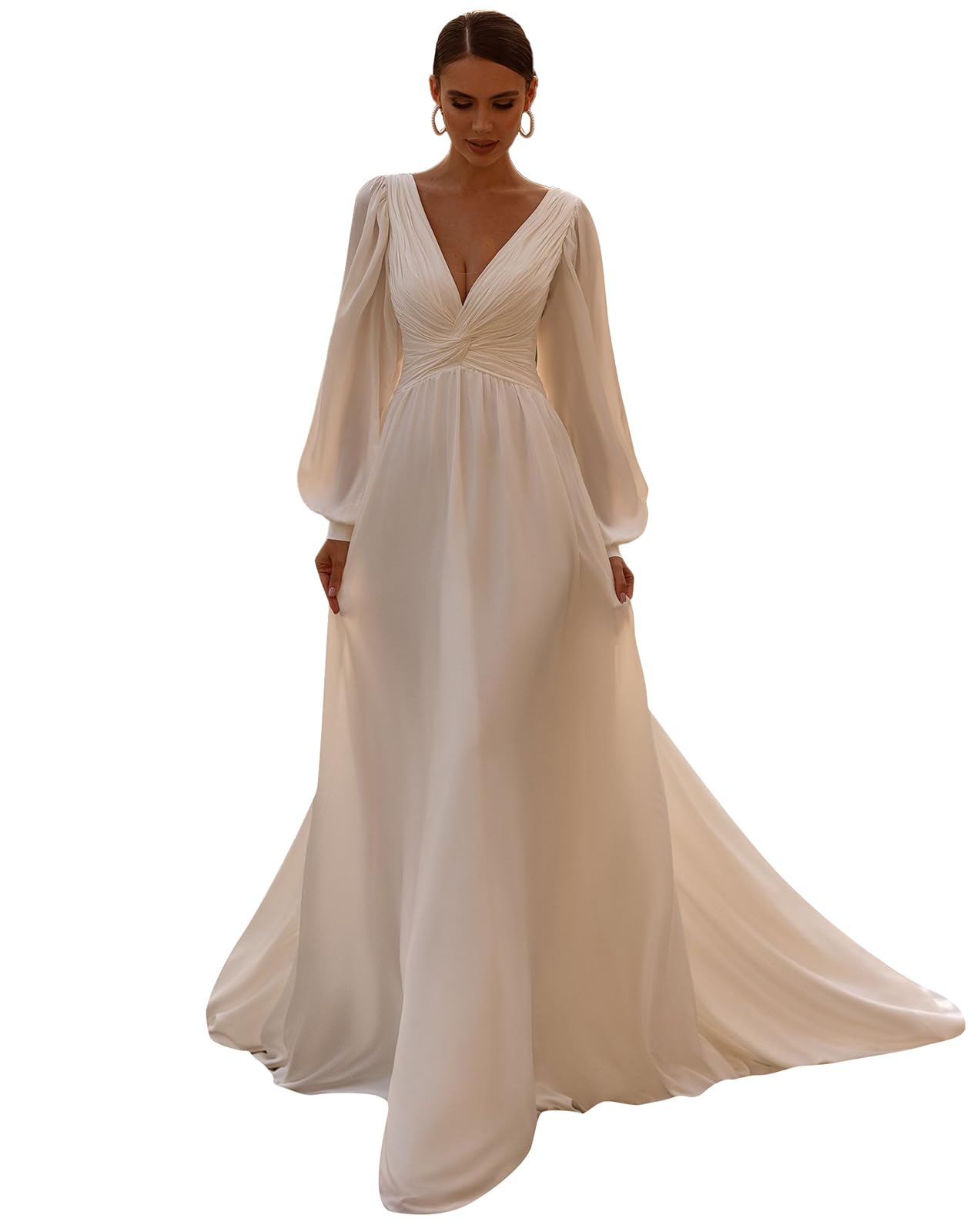 POMUYOO 2024 Women's Long Beach Wedding Dresses - Elegant Chiffon Lace Bridal Gowns with Sleeves for Beach Weddings & Outdoor Ceremonies