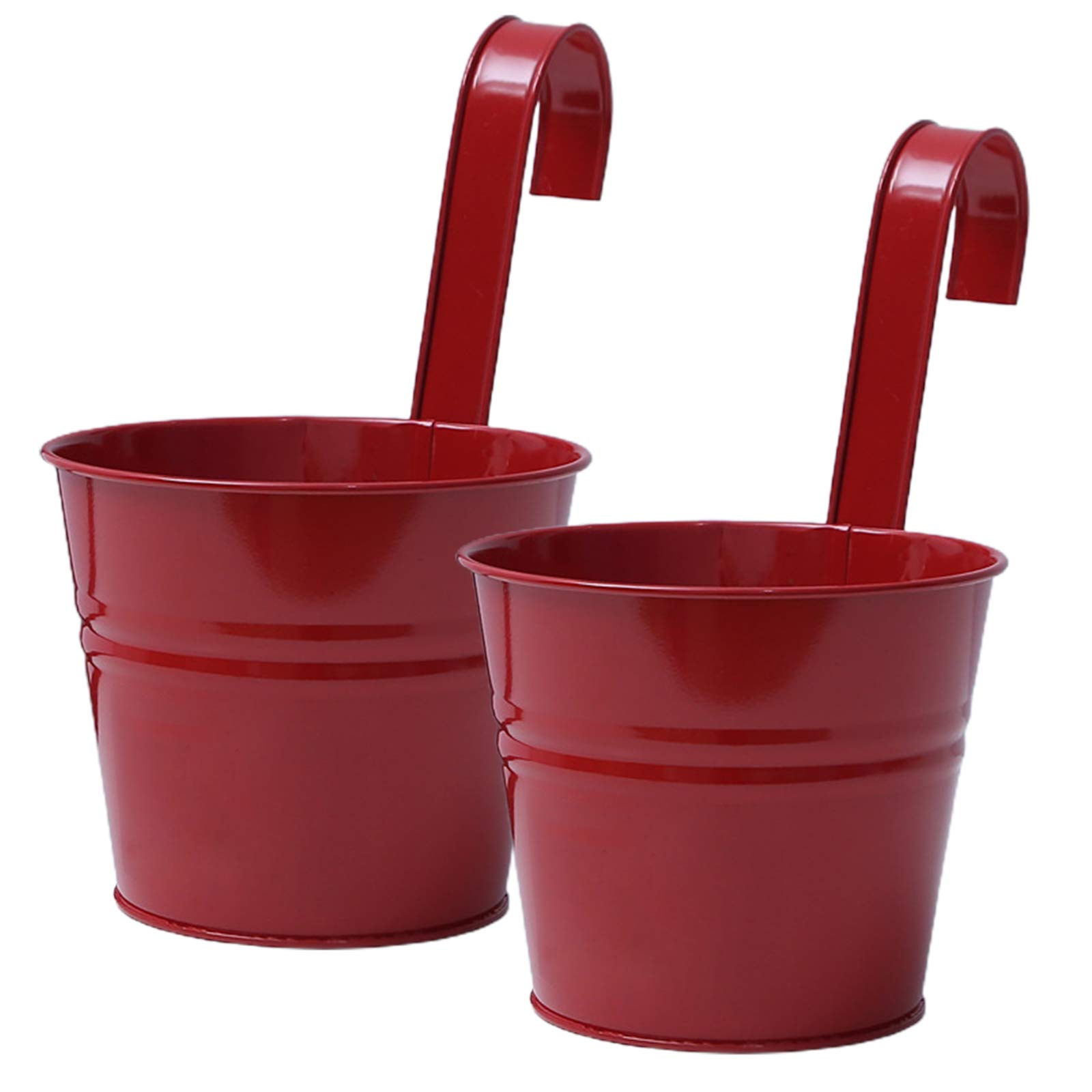 EESLL 2-Pack Hanging Flower Pots with Detachable Hook - Small Metal Red Wall-Mounted Planters, Iron Flower Stand Baskets with Drainage for Succulents - Perfect for Outdoor Rail, Fence & Balcony Decor