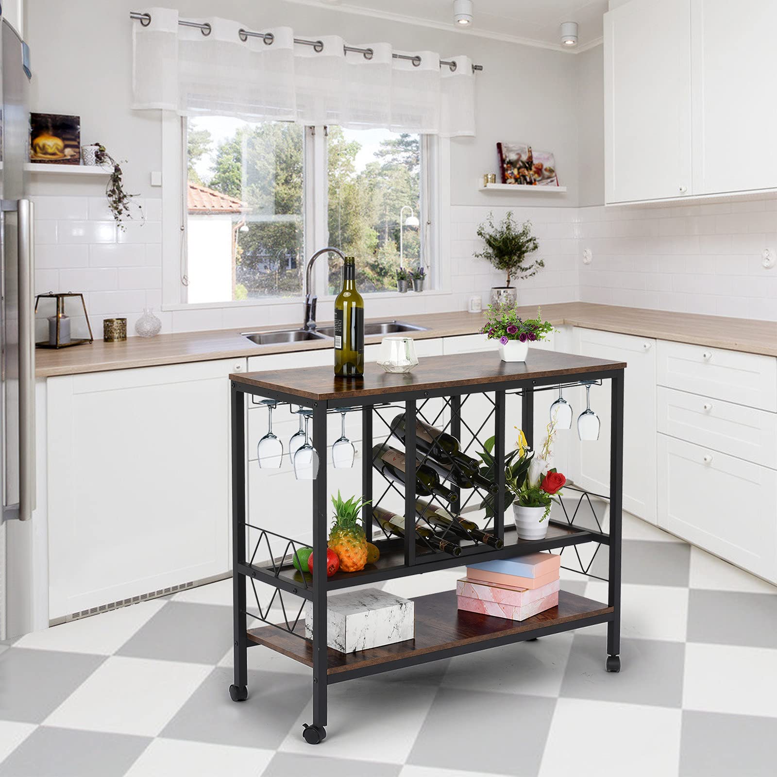 Vintage Industrial Wine Rack Table with Glass Holder & Storage Cabinet - Kitchen Bar Cart with Movable Casters for Home, Restaurant or Bar - Perfect for Wine Storage, Display & Serving (Brown)