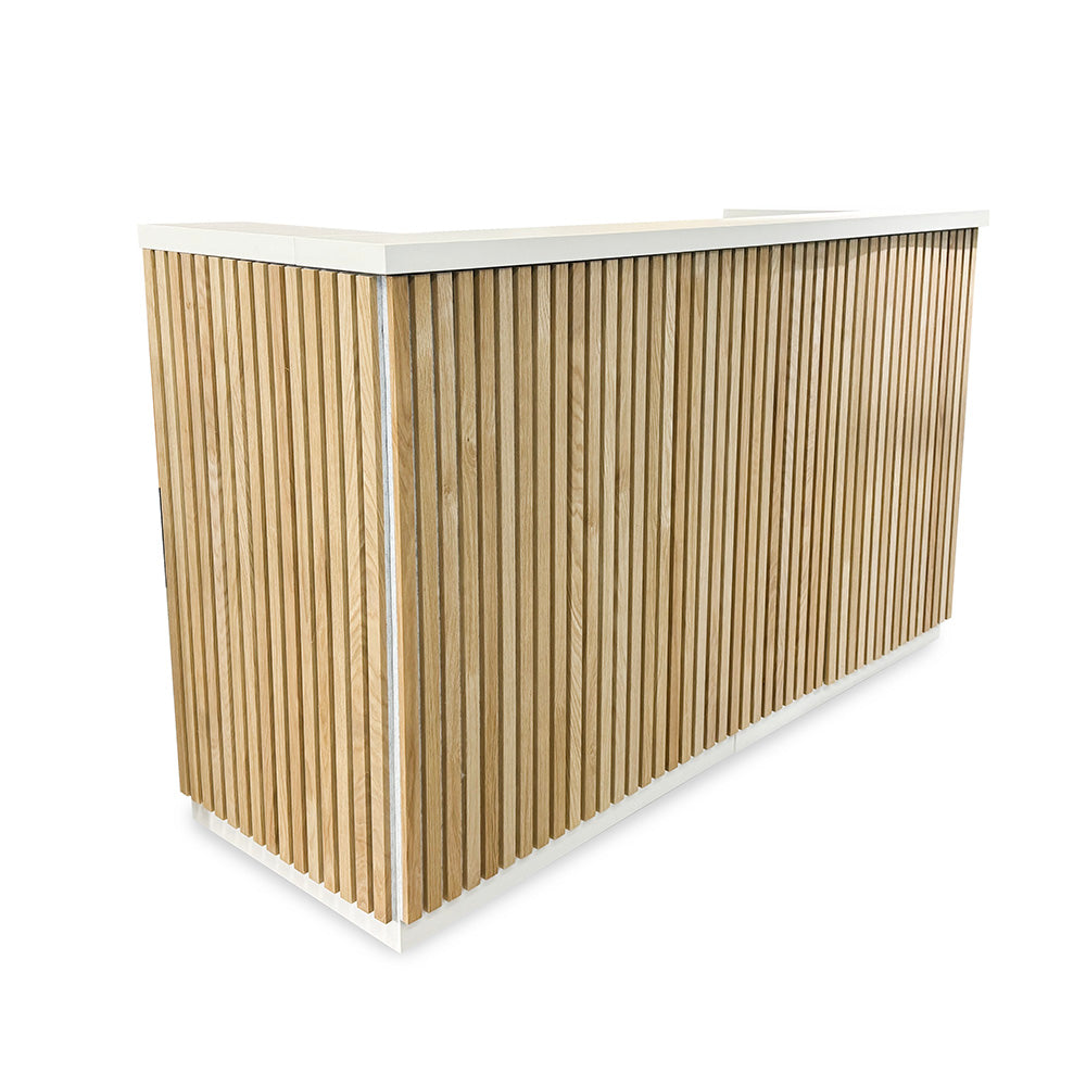 KENTO 180cm Reception Desk - White & Oak Timber Slat Acoustic Panel Office Furniture for Modern Workspace & Lobby