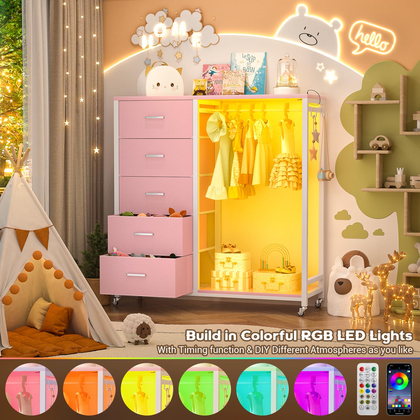 Cyclysio 5-Drawer Dresser with Clothes Rack, Charging Station & LED Lights - Pink Rolling Storage Chest with Wooden Top & Lockable Wheels for Bedroom, Closet, Nursery, or Dorm Organization