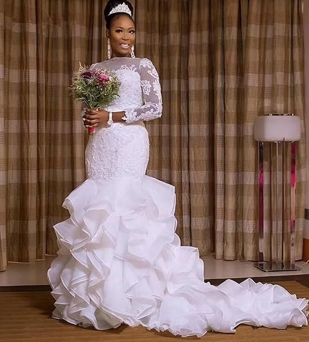 Elegant Mermaid Lace Wedding Dress for Women - Long Sleeve Tulle Bridal Gown with Train | Perfect for Beach, Church, and Formal Wedding Ceremonies