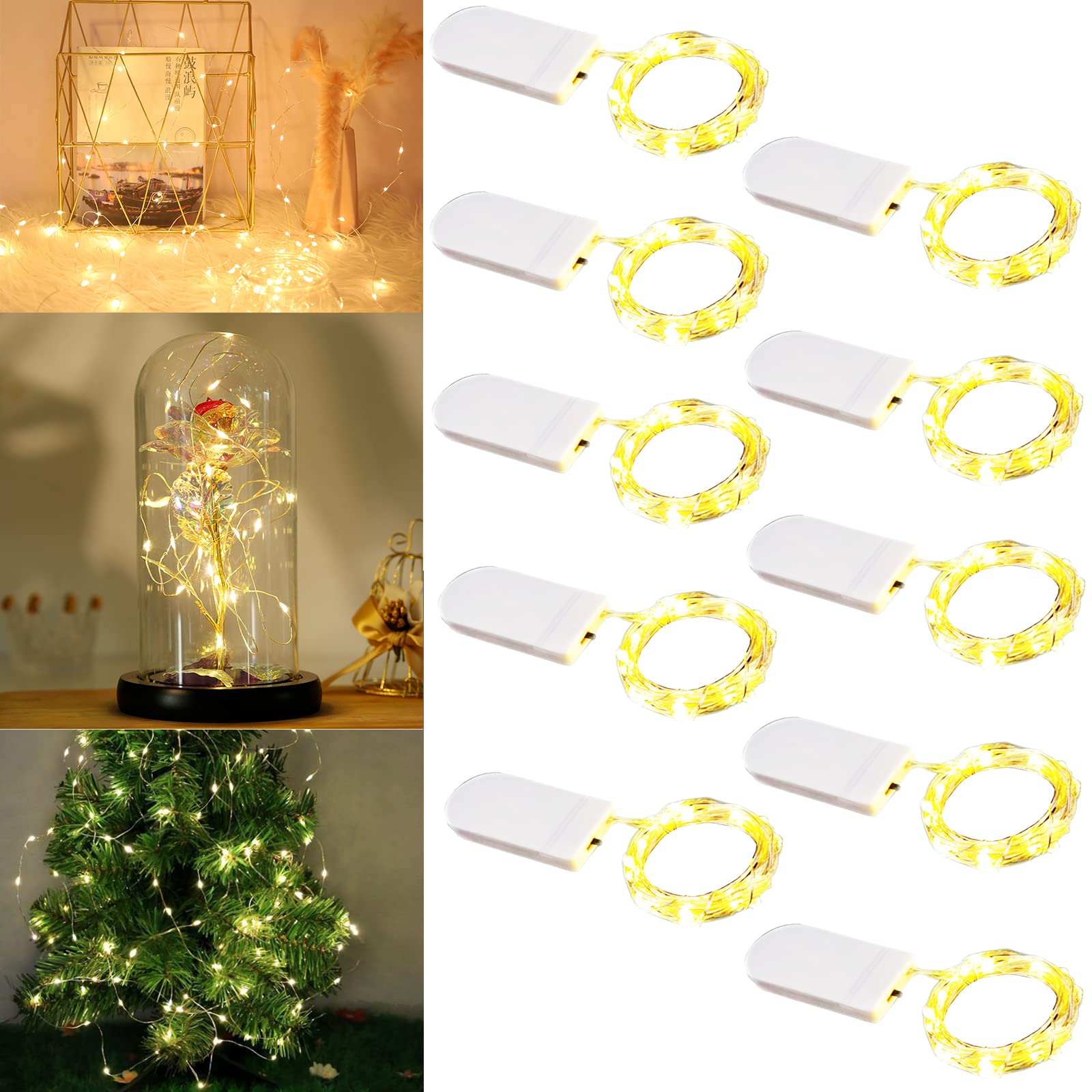 10 Pcs Fairy Lights - 10 Feet 30 LED Mini String Lights with Waterproof Silver Wire, Decorative Light Strip for DIY Wedding, Halloween Party, Bedroom, Glass Bottle, Patio, Christmas Tree - Perfect for Indoor and Outdoor Holiday Decorations