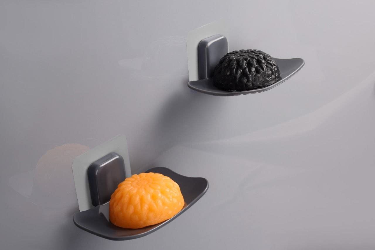 Arabella Retail Wall Mounted Soap Dish Holder - White & Grey Set of 2 | Adhesive Sticker for Bathroom & Kitchen Sink | Perfect for Small Spaces, RV, Dorm & Apartment Living