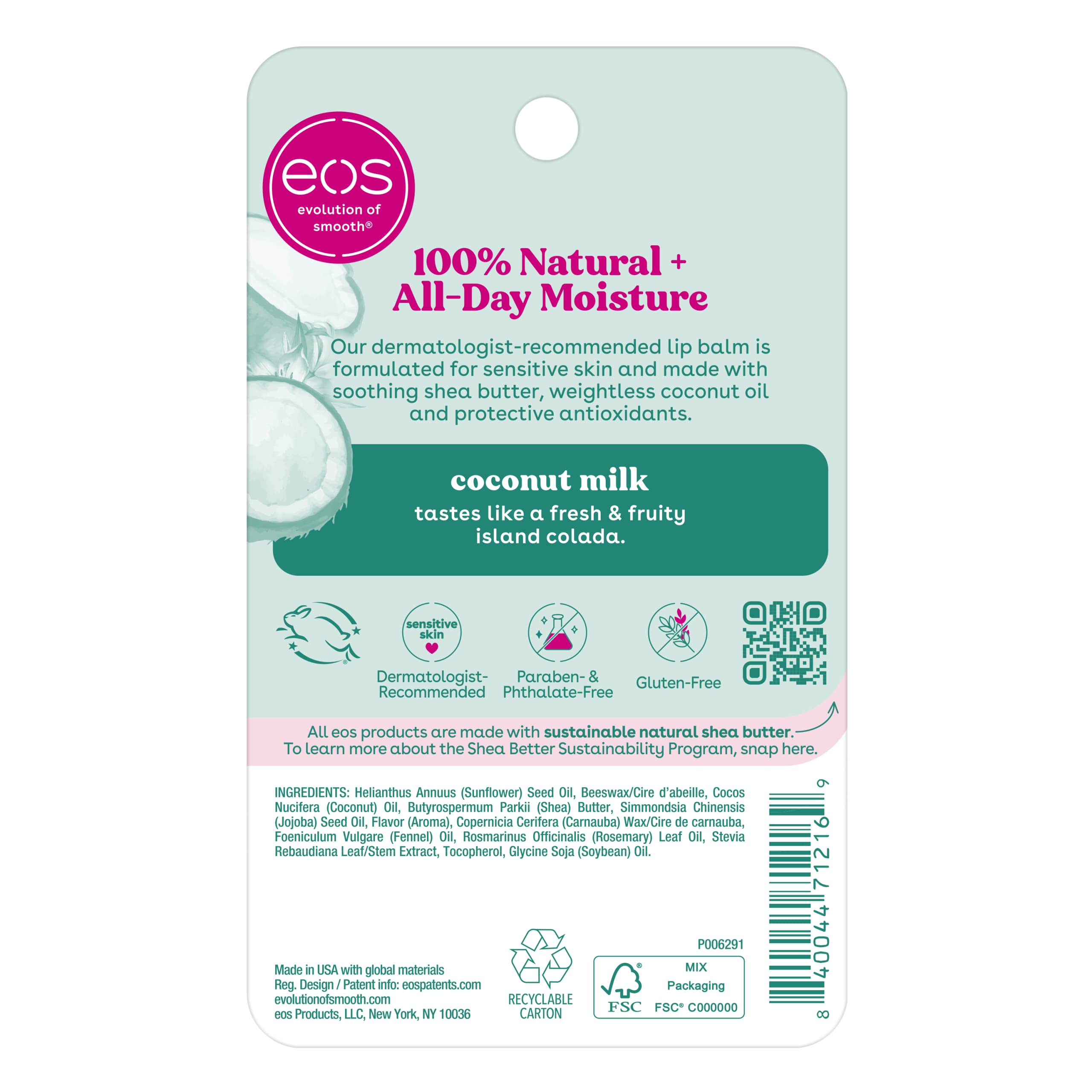 EOS 100% Natural Coconut Milk Lip Balm - All-Day Moisture for Dry & Sensitive Lips, 0.14 oz 2-Pack | Hydrating Lip Care for Winter, Travel & Daily Use