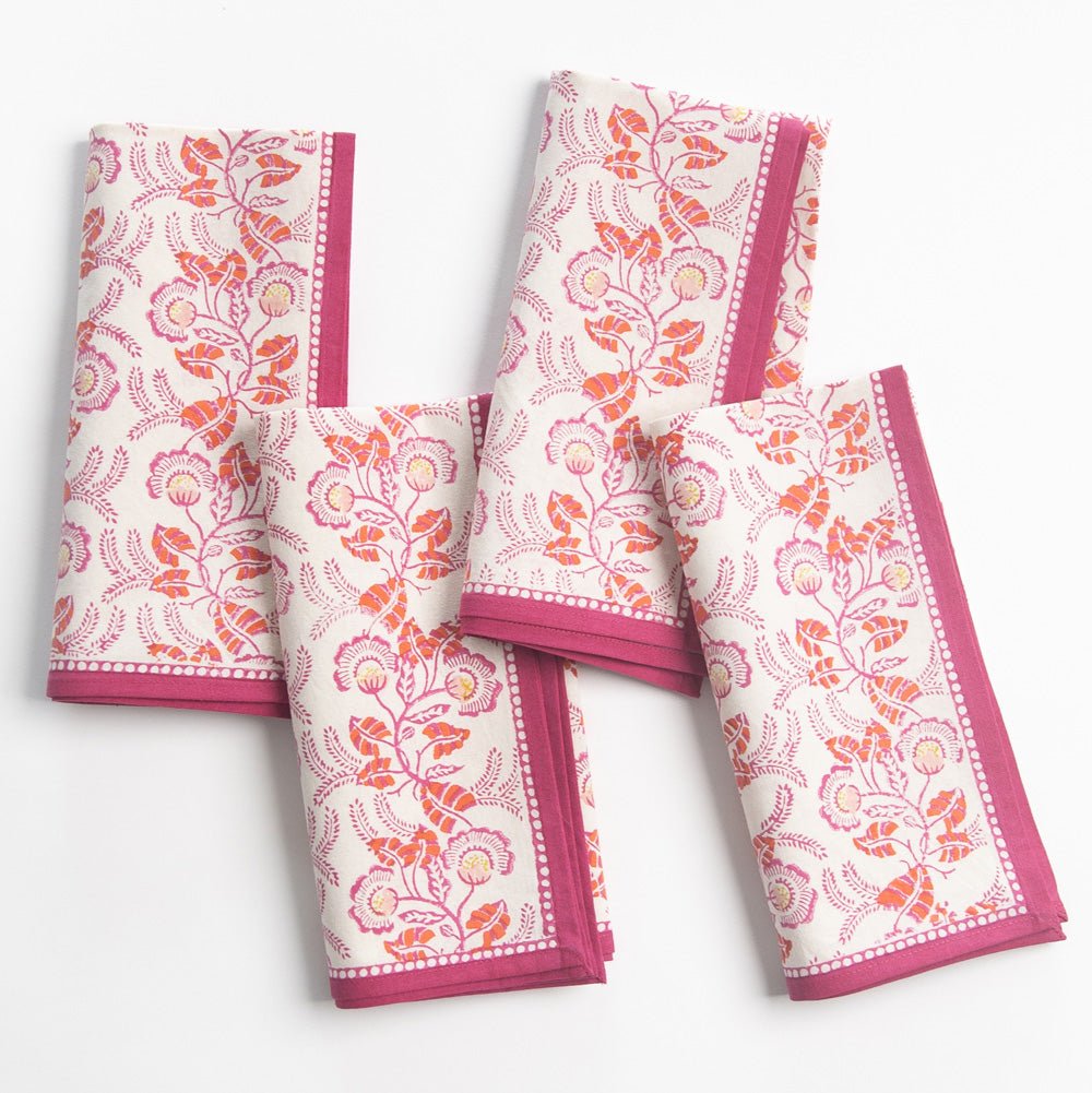 Gardenia Vine Berry Napkins - Set of 4 Floral Printed Cotton Napkins for Dinner Parties, Weddings & Home Decor