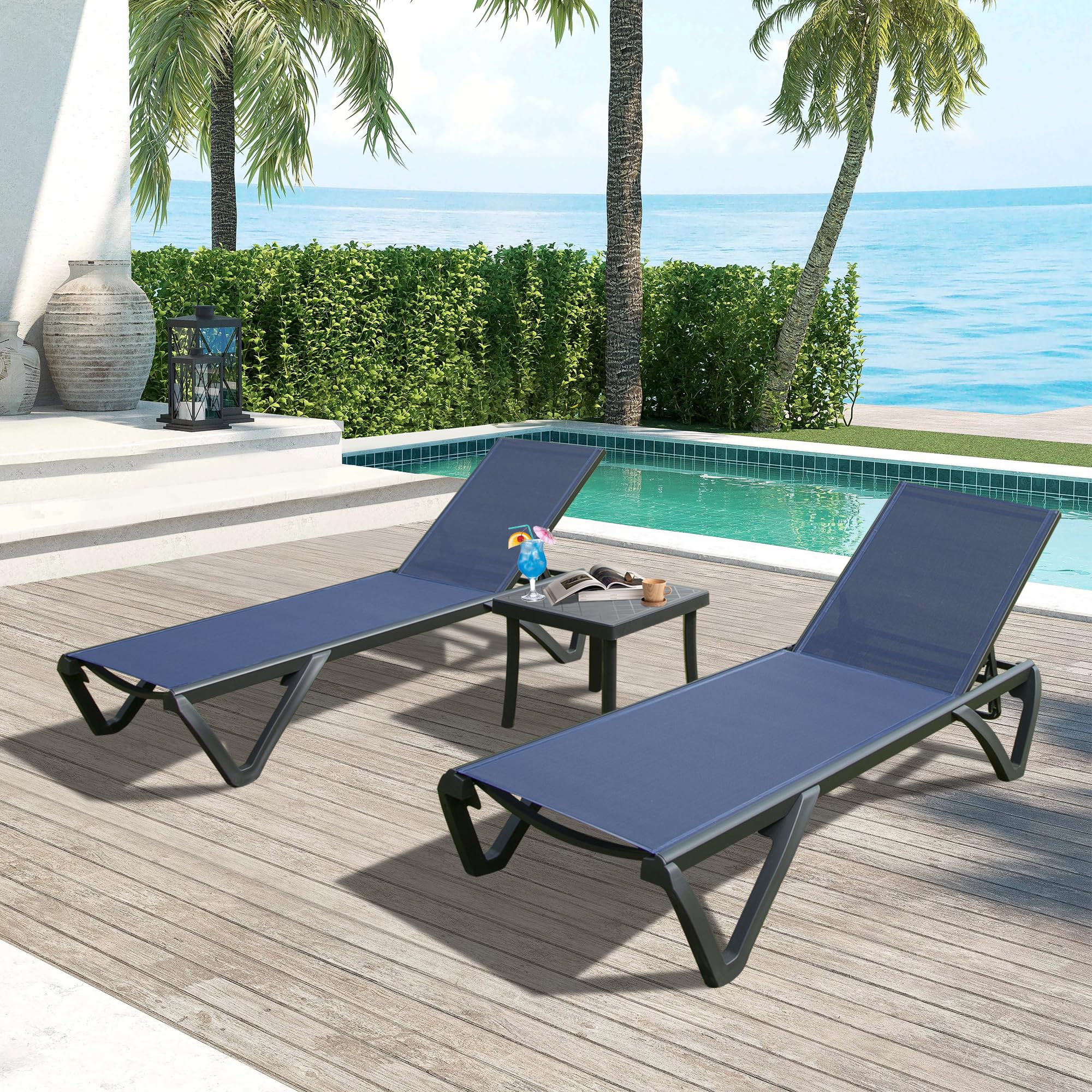 **Domi Pool Lounge Chairs - Adjustable Aluminum Patio Chaise Lounge with Wheels & Side Table - 5-Position Reclining Outdoor Chair for Beach, Yard, Balcony, Poolside - Navy Blue - Perfect for Relaxing by the Pool or Sunbathing**