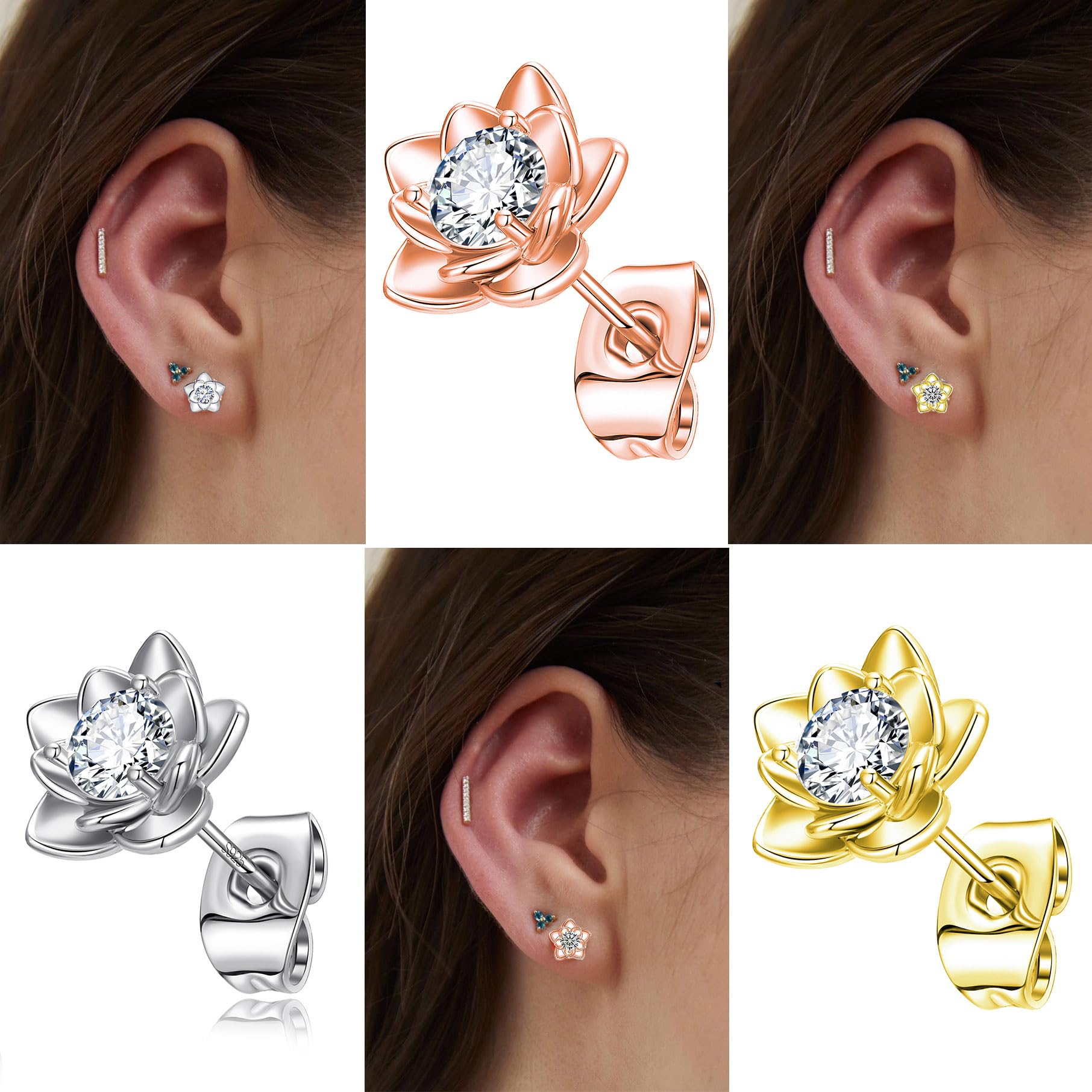 SOVESI Sterling Silver Stud Earrings for Women - Cubic Zirconia Flower Design, Hypoallergenic & White Gold Plated | Perfect for Everyday Wear, Gift Giving & Special Occasions