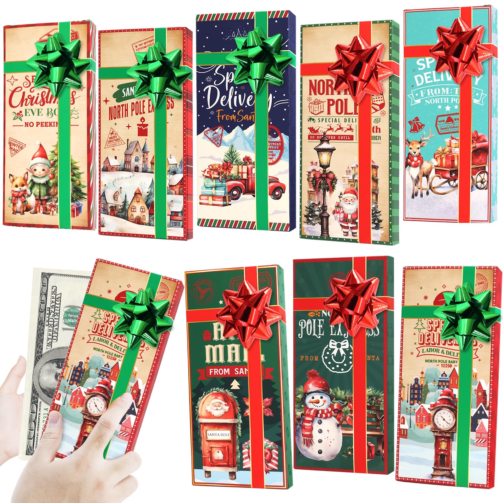 Vintage Christmas Gift Card Holders 24-Pack with Bows - Holiday Party Favors for Cash Gifts