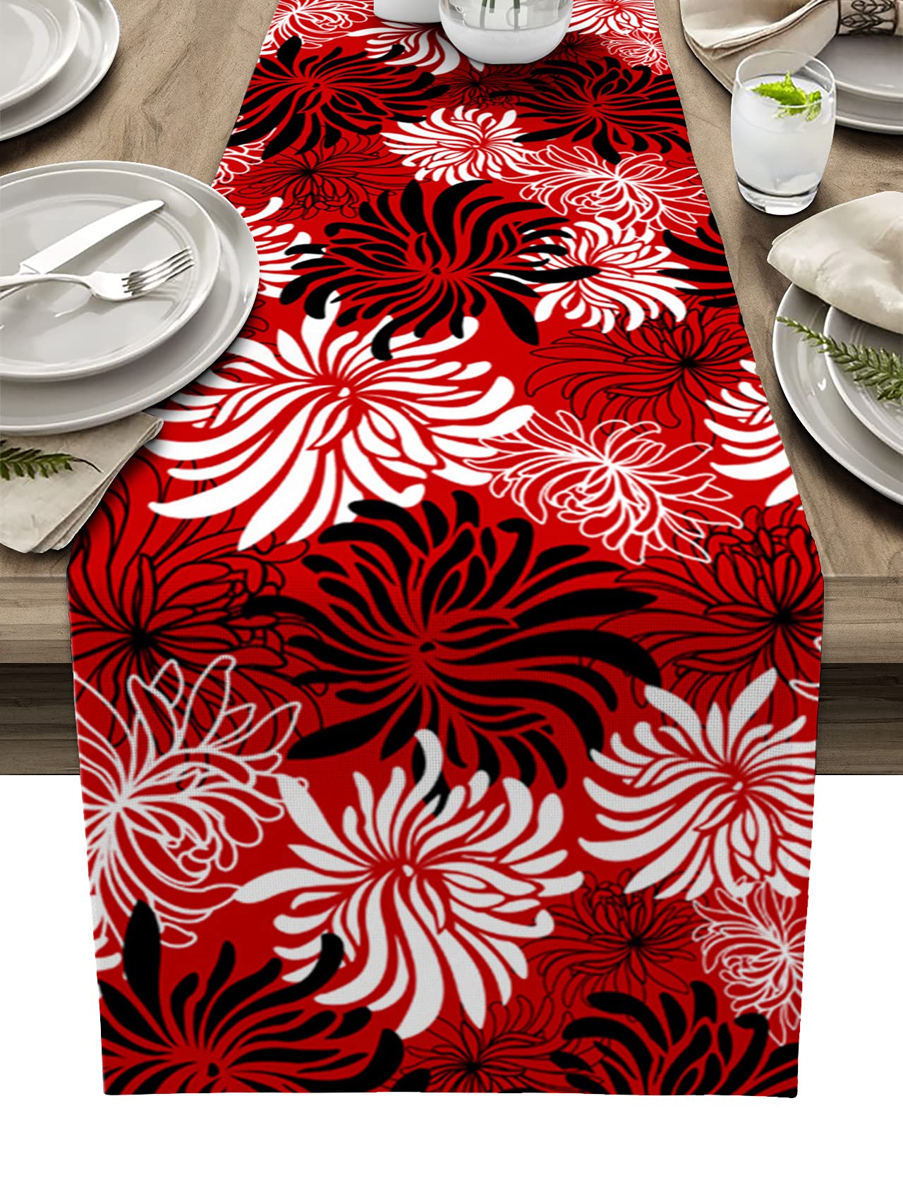 72 Inch Black & White Chrysanthemum Burlap Linen Table Runner - Floral Farmhouse Decor for Kitchen, Dining, Coffee Tables - Perfect for Weddings, Parties & Banquets