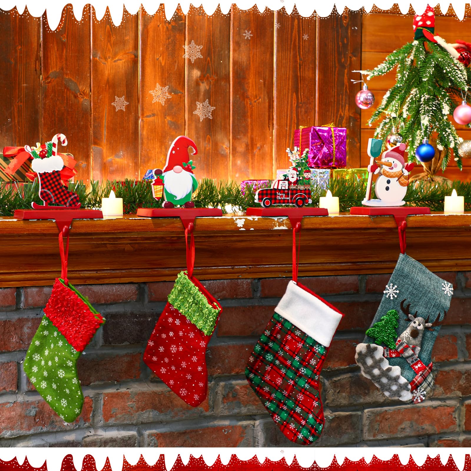 Barydat Set of 4 Metal Christmas Stocking Holders - Snowman, Truck, Ice Skate & Gnome Wood Sign Fireplace Mantel Hangers - Holiday Decor for Christmas Party, Home & Gift Giving - Perfect for Fireplace Mantel, Living Room & Festive Gatherings