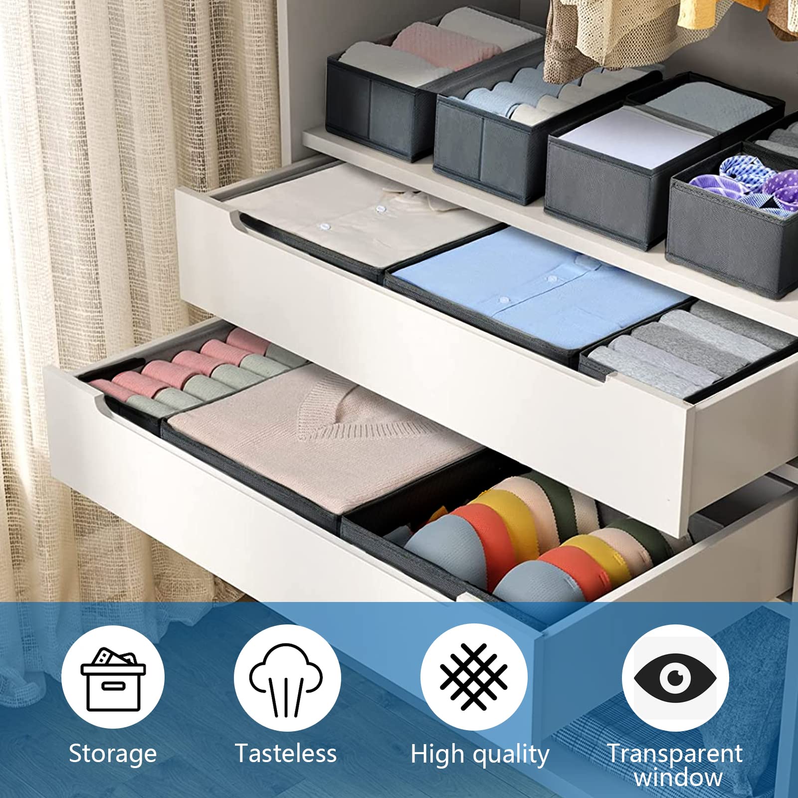 MOOING 10-Piece Non-Woven Fabric Closet Organizer Box Set - Foldable Drawer Organizer for T-Shirts, Socks, Ties & Underwear (Gray) - Perfect for Bedroom, Closet & Travel Storage