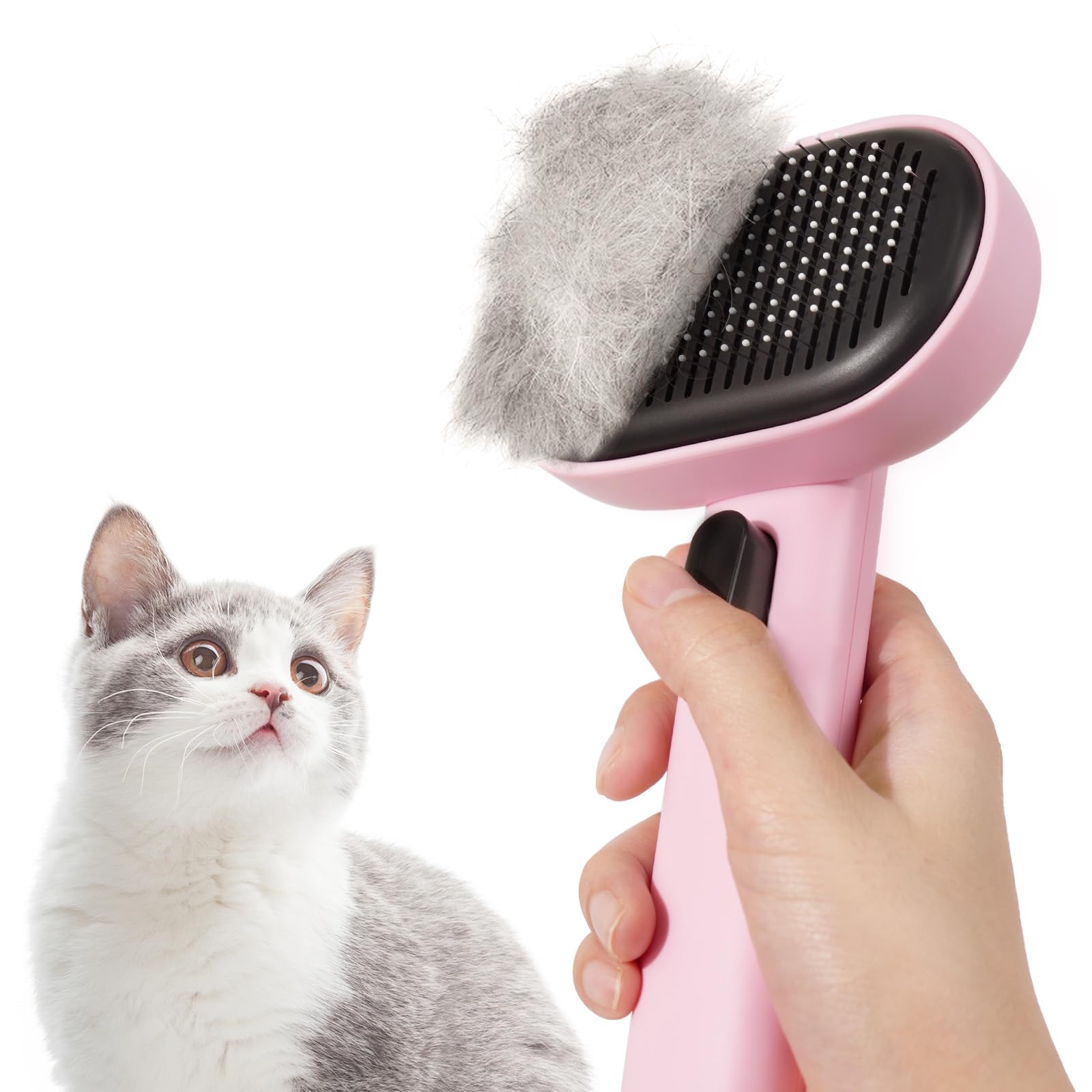 Aumuca Cat Brush for Shedding - Grooming Brush for Long & Short Haired Cats & Dogs - Deshedding Tool Removes Loose Fur - Massage Brush for Indoor Cats, Kittens & Horses - Perfect for Daily Grooming & Bonding Time (Pink)