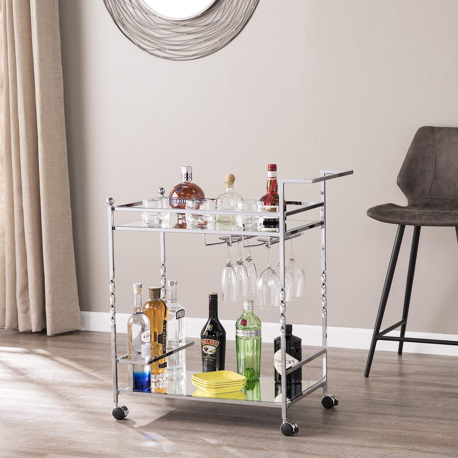 SEI Ivers Bar Cart with Wheels - Silver Rolling Drink Cart for Home Bar, Kitchen, or Party - Mobile Serving Cart with Storage Shelf - AMZ6853ZH
