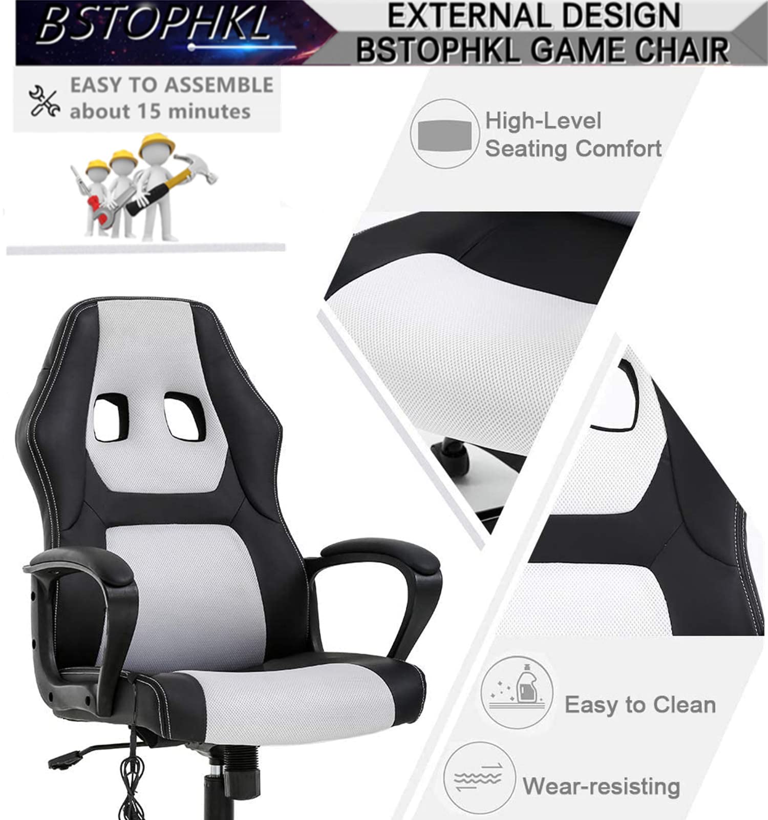 Ergonomic Gaming Chair with Massage & Lumbar Support - Adjustable Reclining Office Computer Chair with Headrest & Armrest - Rolling Swivel Video Game Chair for Adults & Teens - Perfect for Esports, Streaming & Home Office (White)