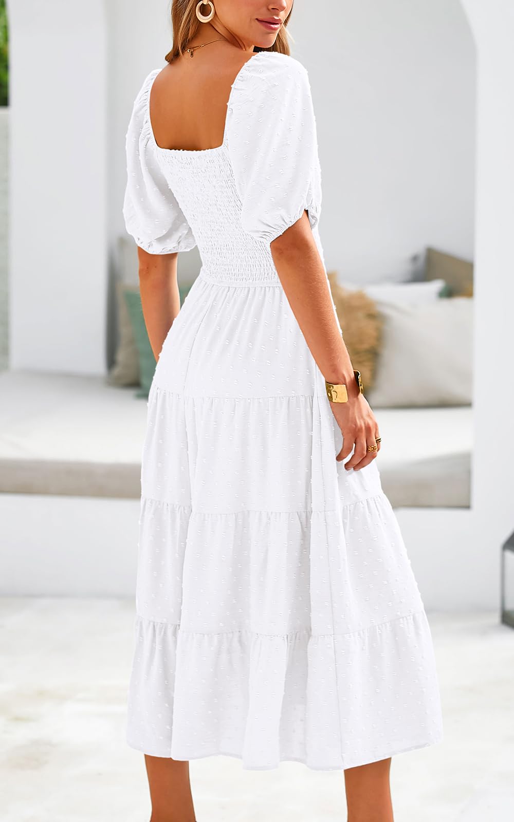 PRETTYGARDEN Women's Spring Dresses 2025 - Puff Sleeve V-Neck Swiss Dot Chiffon Maxi Dress with High Waist & Tiered Smocked Design | Perfect for Weddings, Parties & Summer Vacations