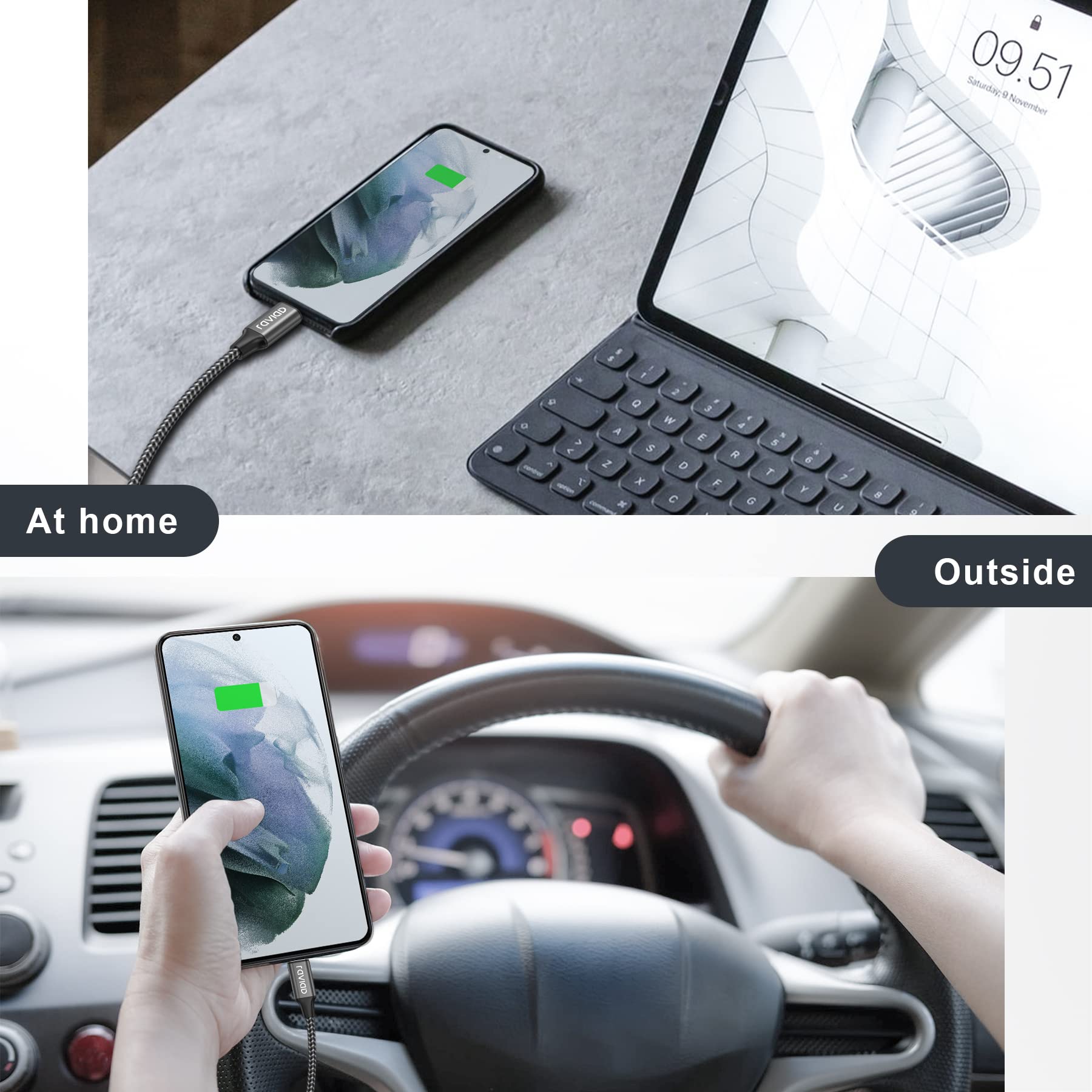 RAVIAD USB C Cable [2-Pack 1M] Fast Charging Nylon Braided Type C Charger Cable - Compatible with iPhone 16/15 Pro Max, Samsung Galaxy S23/S22/S21/S20/A53, Huawei P40/P30, Google Pixel - Grey | Perfect for Home, Office & Travel Charging