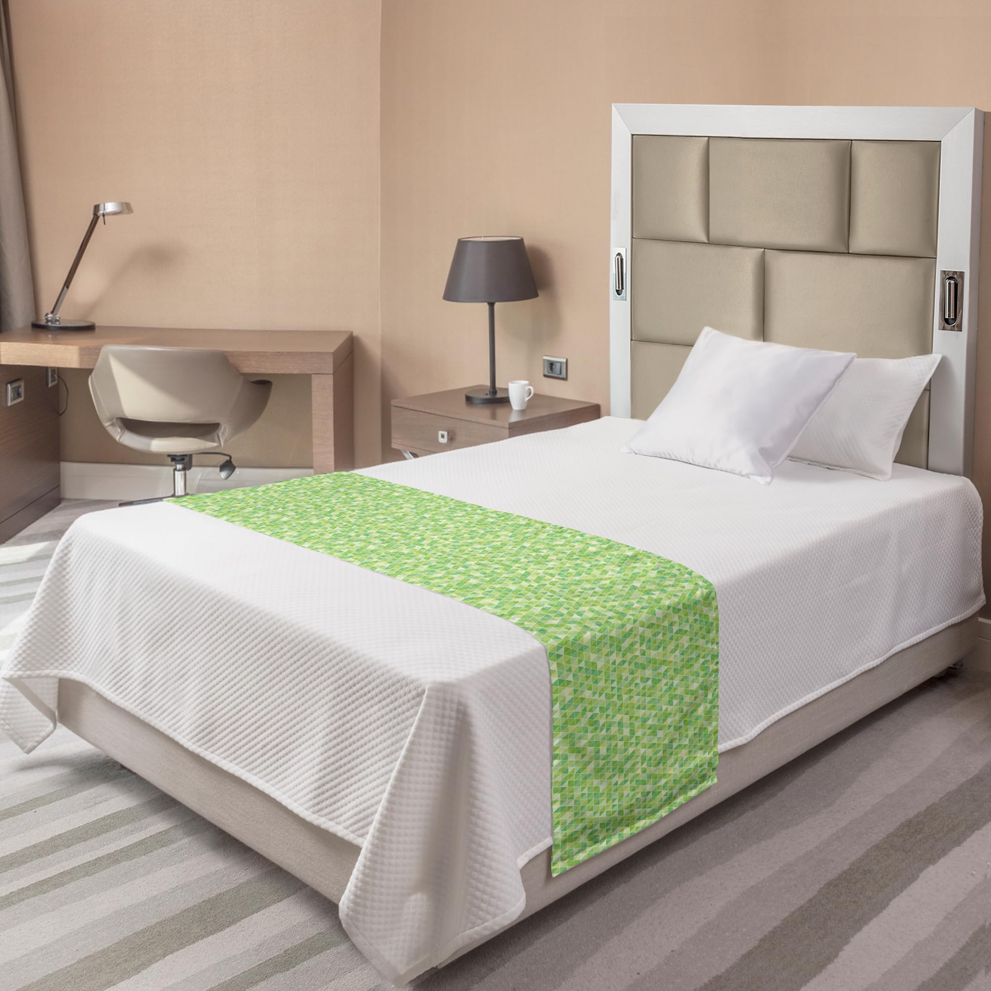 Ambesonne Lime Green Bed Runner - Modern Geometric Triangle Design Soft Fabric Decorative Bed Scarf for Queen King Beds | Hotel & Home Bedroom Decor in Pale Green & Fern Green | Perfect for Guest Rooms, Master Bedrooms & Luxury Bedding Accents