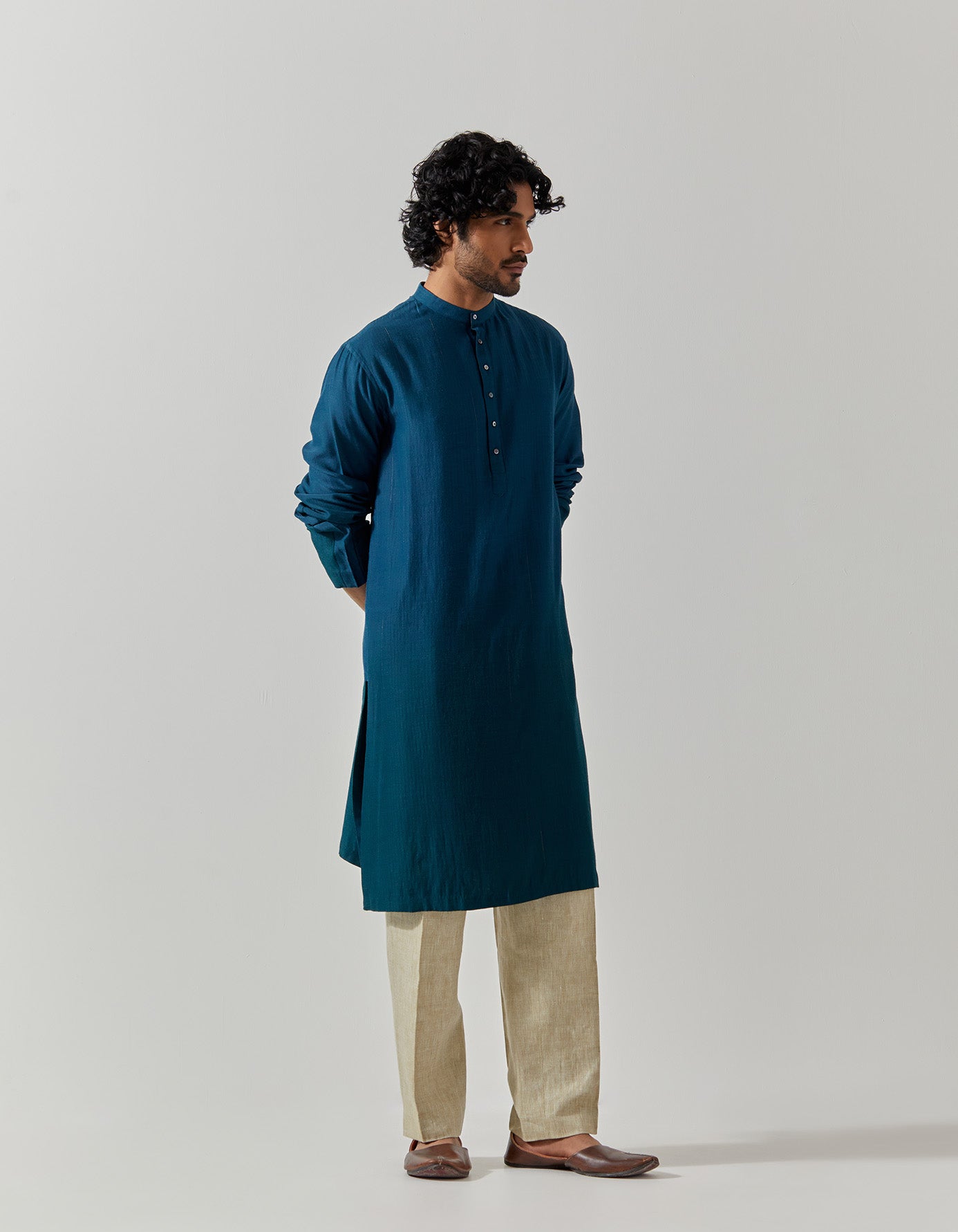 Raindrop Bade Miyan Kurta - Premium Muga Satin Teal Men's Traditional Indian Tunic - Perfect for Festivals, Weddings & Cultural Events