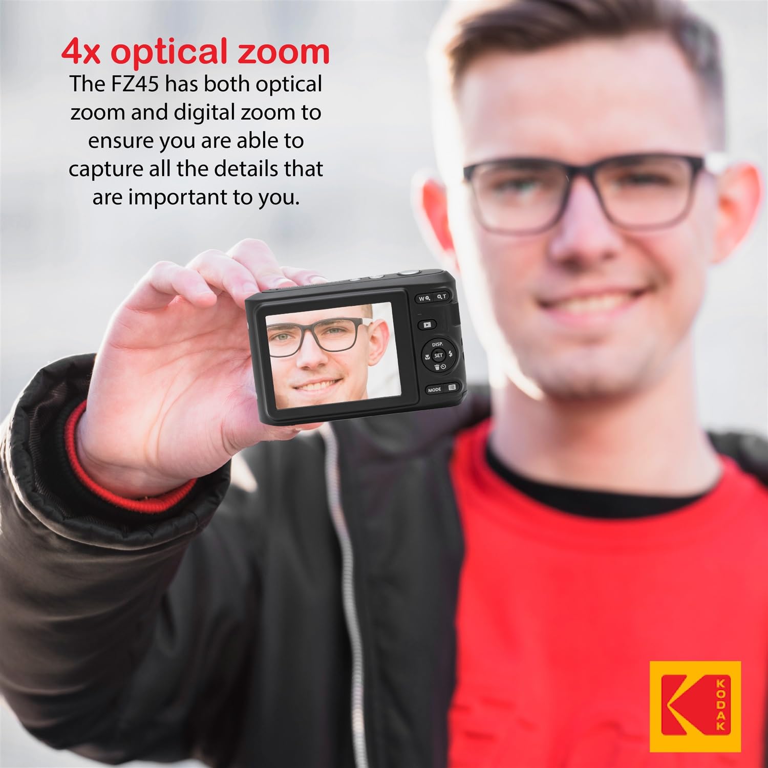 Kodak PIXPRO FZ45 16MP Digital Camera with 4X Optical Zoom - Black Point & Shoot Camera Bundle with Protective Case & SanDisk 128GB SDXC Memory Card - Perfect for Travel, Vlogging & Everyday Photography