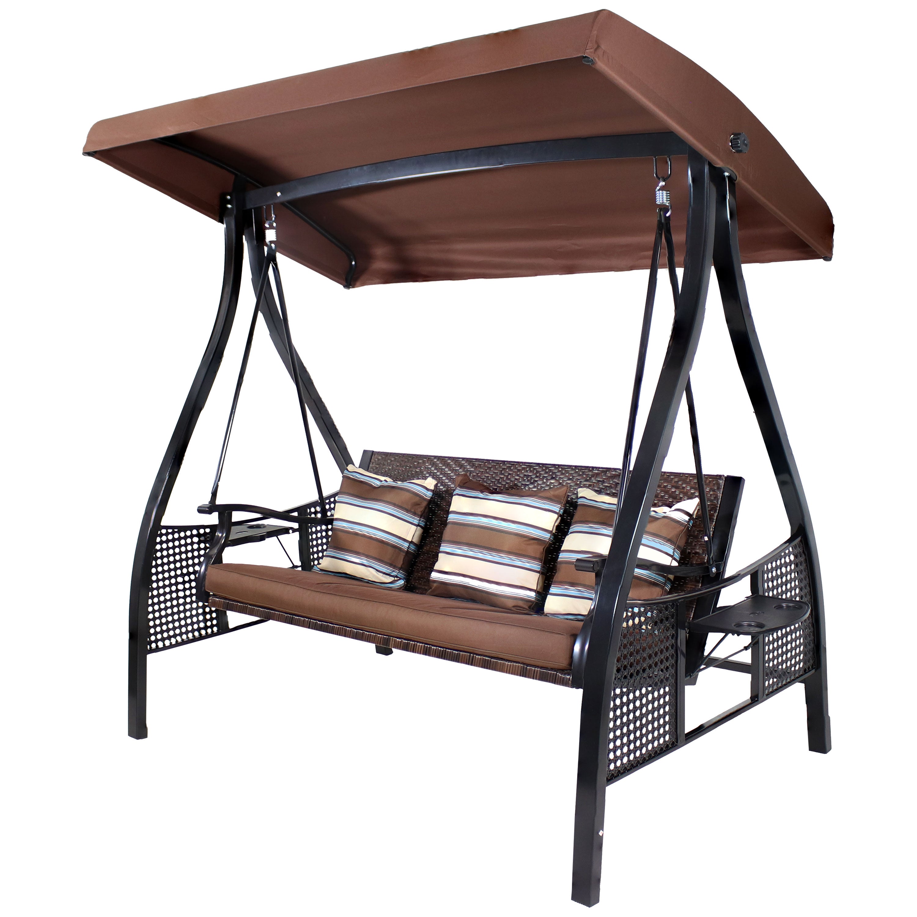 Sunnydaze Deluxe 3-Person Outdoor Patio Swing with Adjustable Canopy & Side Tables - Perfect for Backyard, Garden, or Porch Relaxation