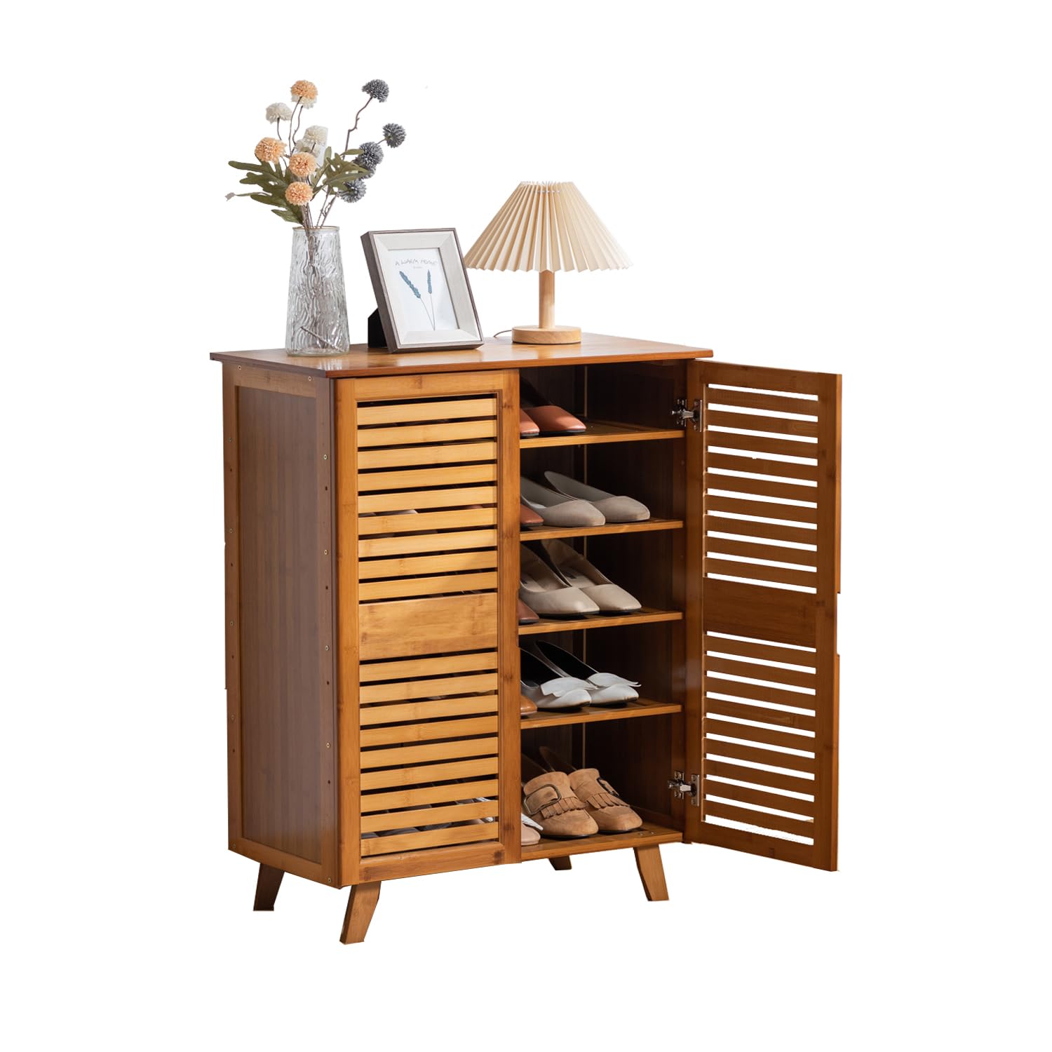 Vintage 2-Door Bamboo Shoe Cabinet with 4-Tier Drawers - Latifolia Shoe Organizer for Entryway, Closet & Hallway | Perfect for Small Spaces, Apartment Living & Home Organization