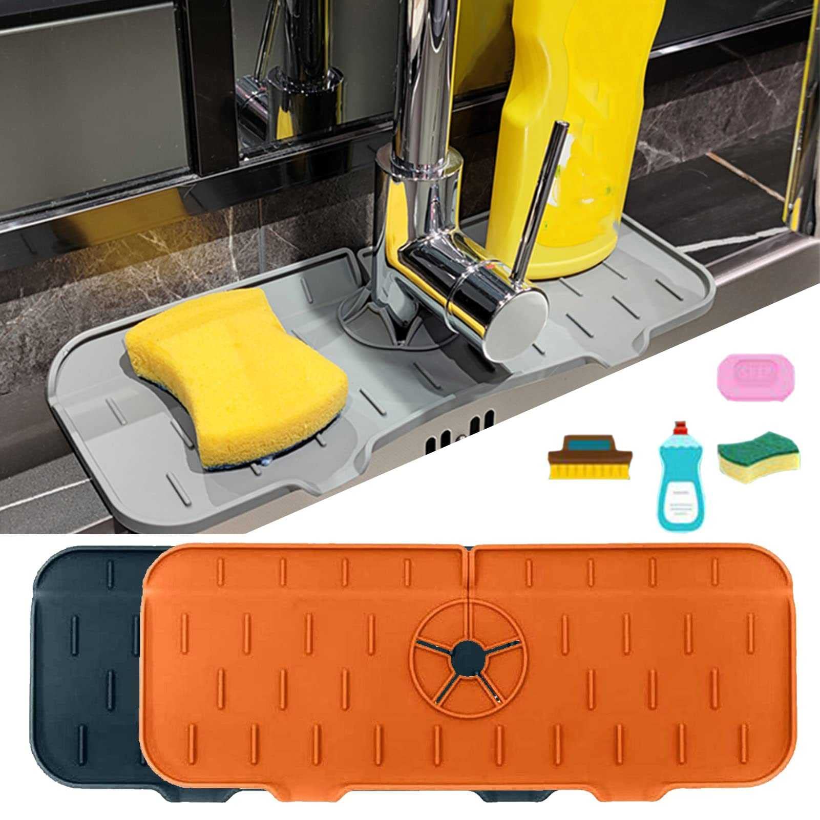 Yonatues Silicone Sink Splash Guard - 2 Pack (Black+Orange) | Non-Slip Faucet Absorbent Mat for Kitchen & Bathroom | Countertop Protection & Water Splash Catcher | Perfect for Dishwashing, Handwashing & Counter Drying