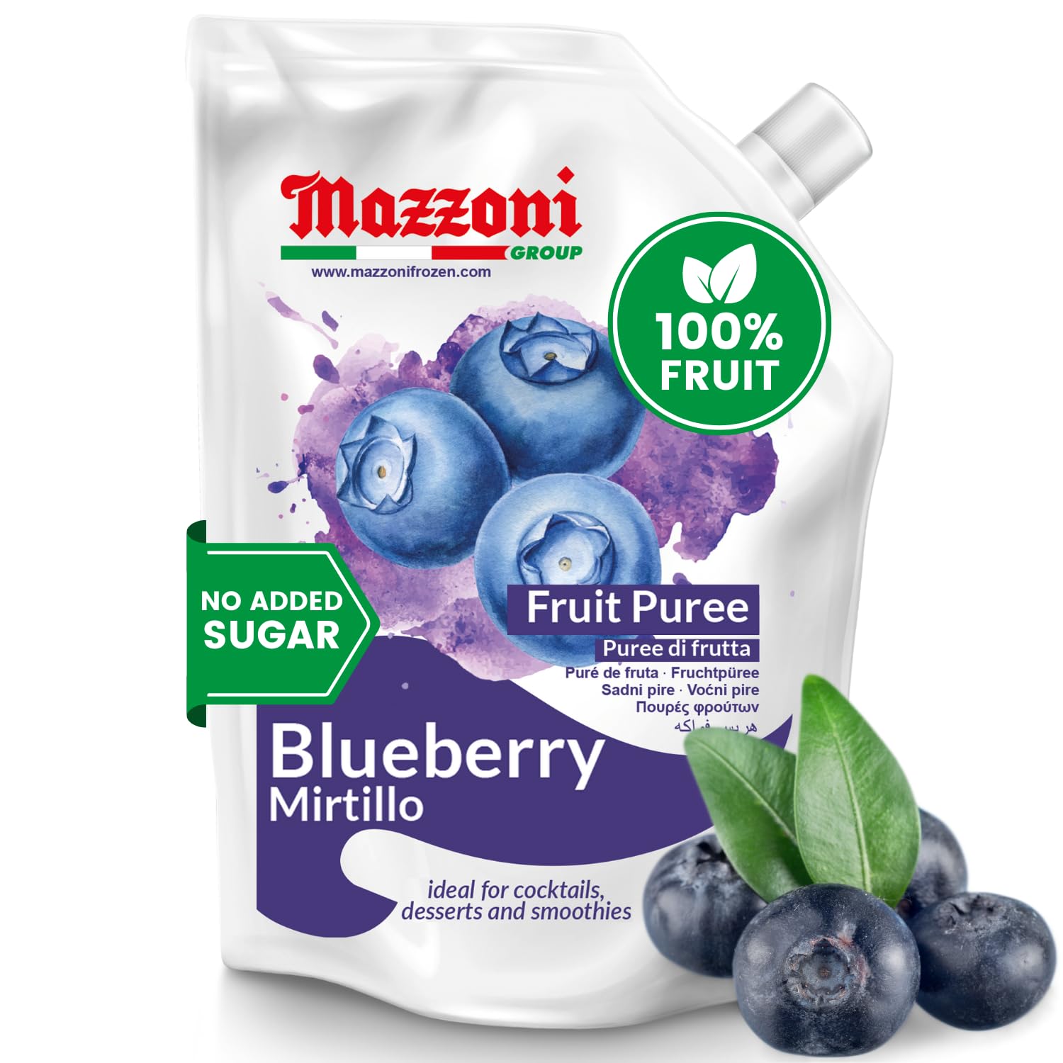 Mazzoni 100% Pure Blueberry Puree - No Sugar Added, 2.2 lbs (35.2 oz) - All Natural Fruit for Smoothies, Juices, Cocktails & Baking - Italian-Made Convenient Pouch - Perfect for Healthy Drinks, Desserts & Baby Food