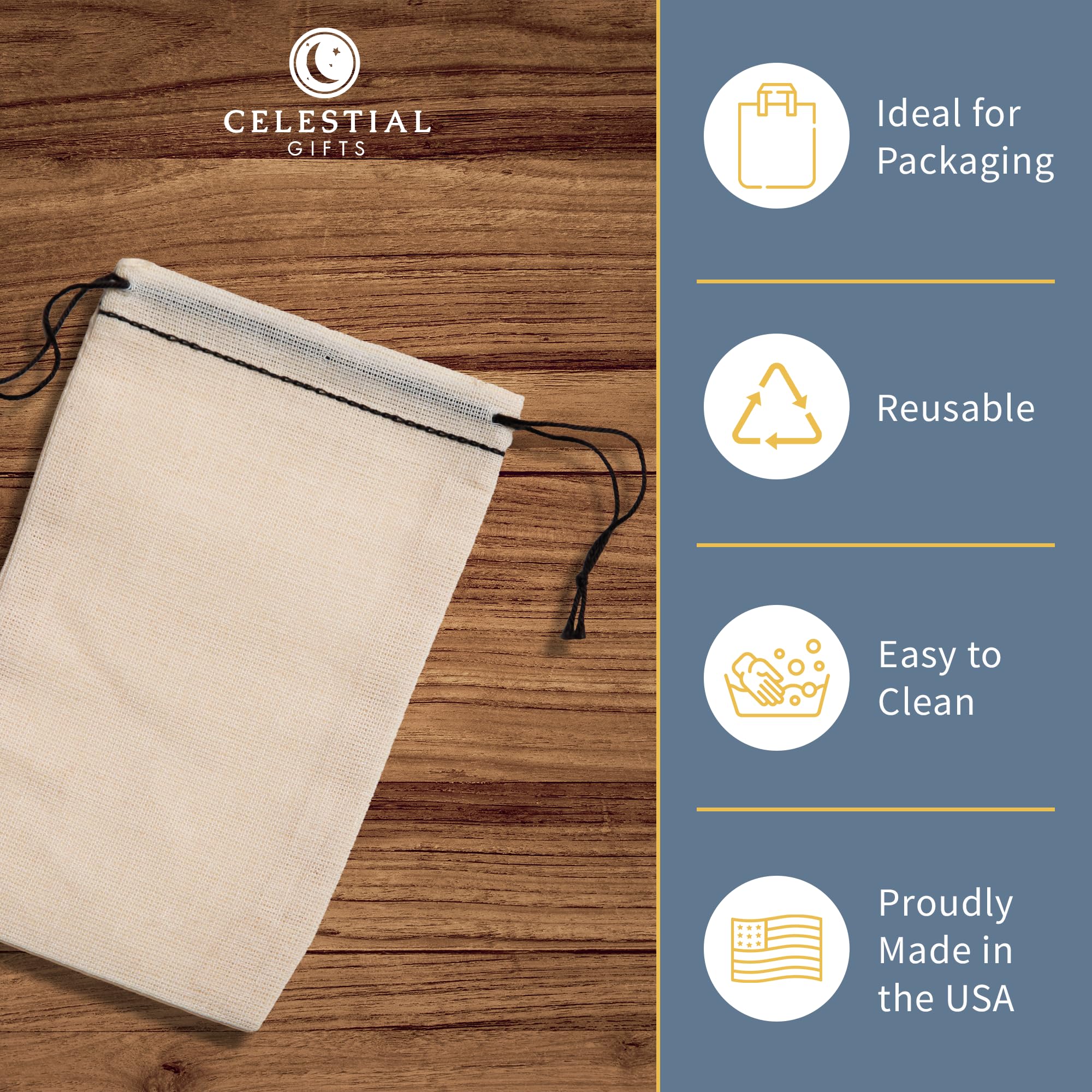 Premium 100% Cotton Muslin Drawstring Bags - 4x6 Inch Medium Size (100pcs) - Reusable Tea Bags, Jewelry Pouch & Spice Sachet Gift Bags - Made in USA - Black Hem & Drawstring - Perfect for Wedding Favors, Party Gifts & DIY Crafts