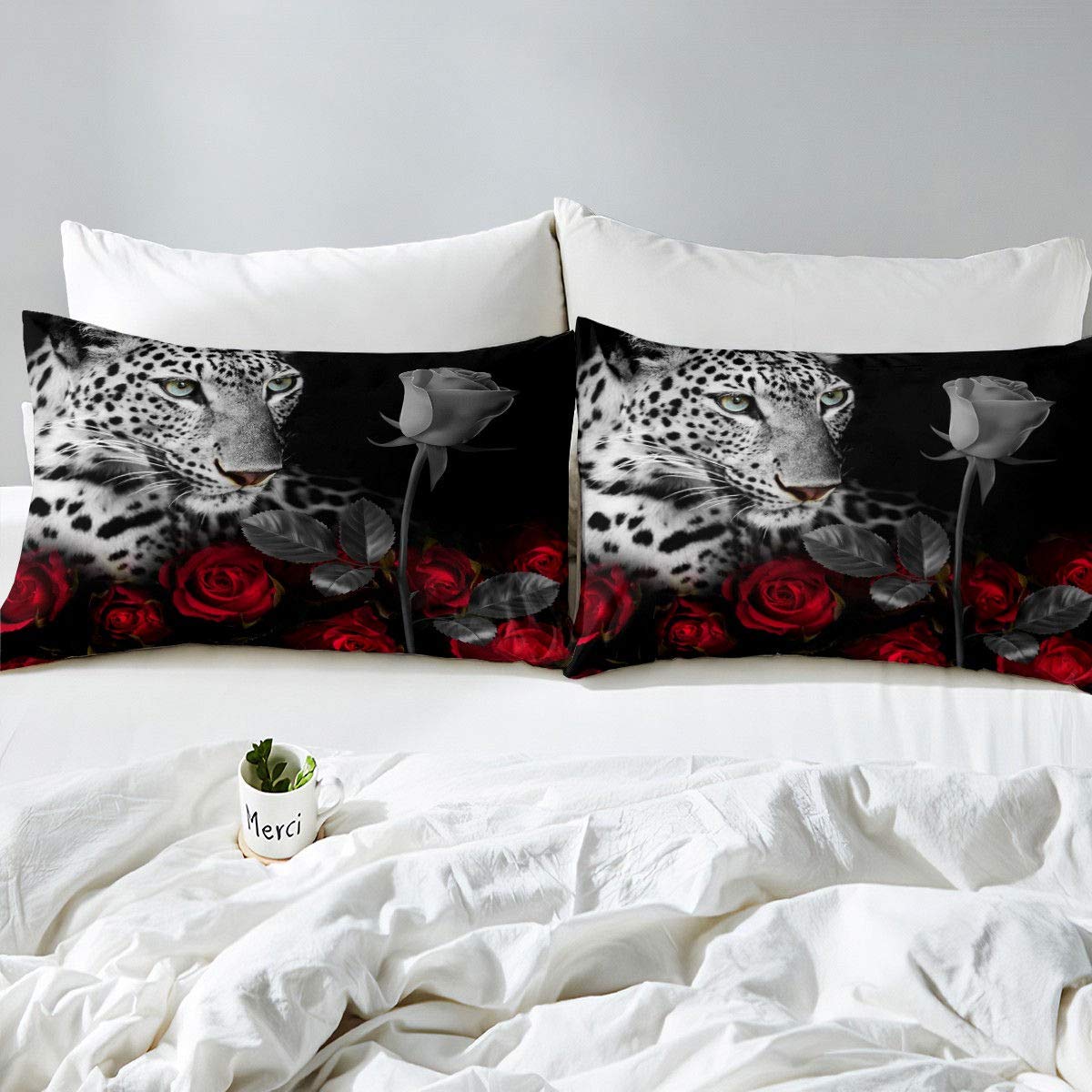 Leopard Rose Bedding Set - Queen Size Comforter & Pillowcases for Safari Bedroom Decor