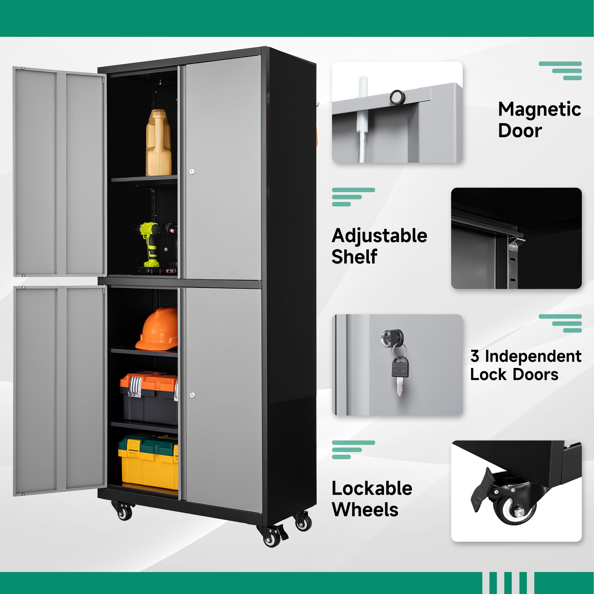 Letaya Heavy Duty Metal Garage Storage Cabinet with Wheels - Steel Tool Rolling Cabinet with Lockable Door & Adjustable Shelves for Home, Workshop, Garage Organization (1PC, Black Gray) - Perfect for Storing Tools, Gardening Supplies & Household Items