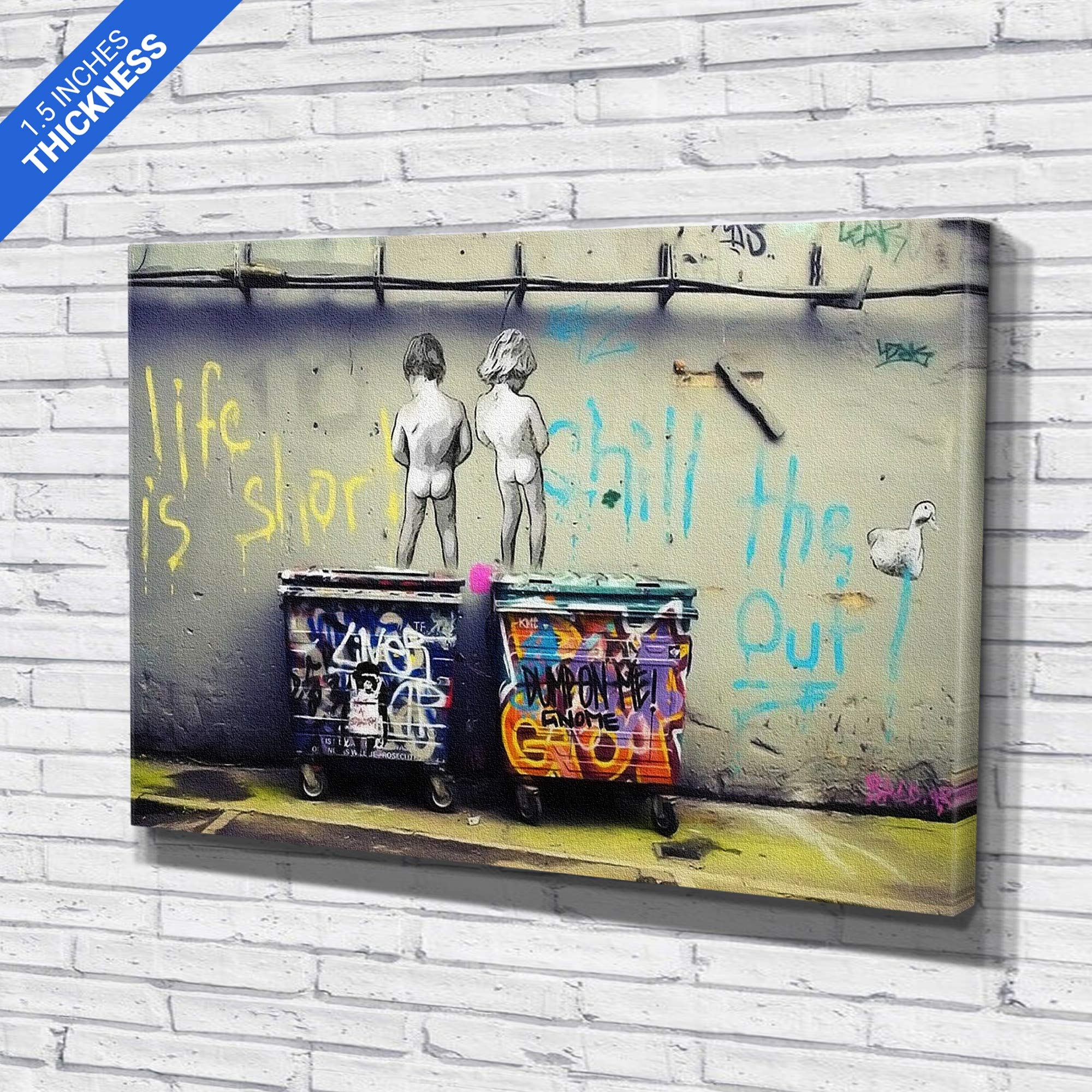 Banksy Peeing Boys 'Life is Short Chill The Duck Out' Street Art Canvas Print - Modern Graffiti Wall Decor for Living Room, Bedroom & Office (36x24 Inches, Gallery Wrapped)