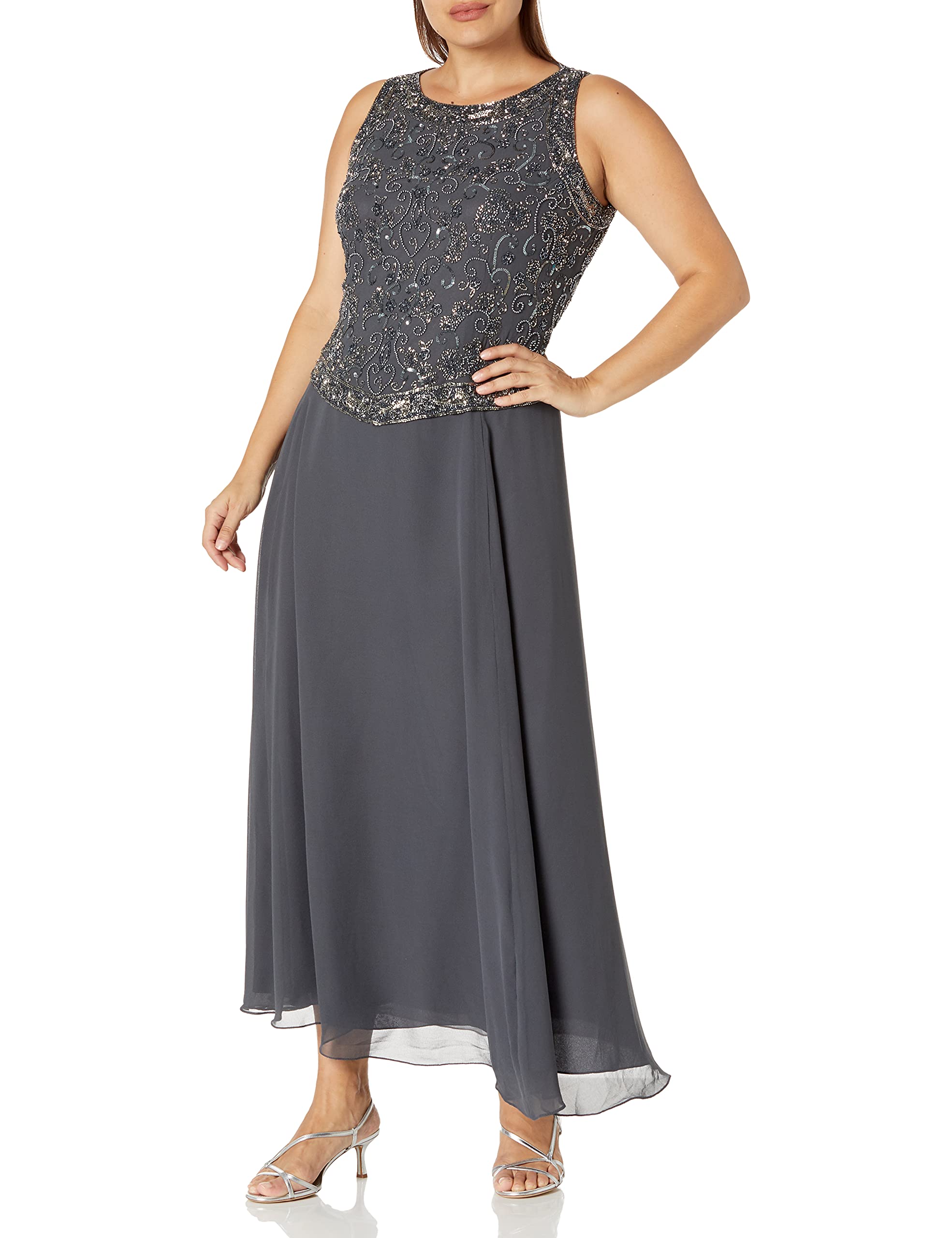 J Kara Women's Plus Size Beaded Evening Gown with Detachable Scarf - Elegant Formal Dress for Prom, Wedding & Special Occasions