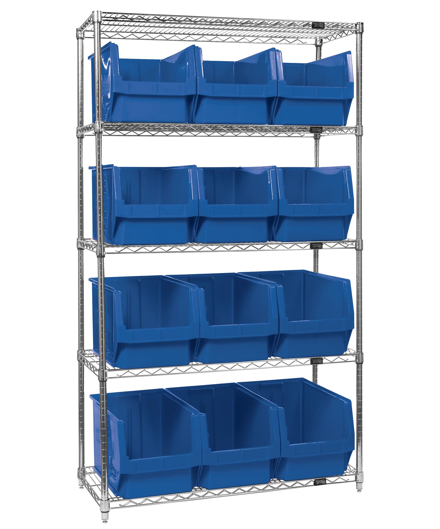 Quantum Storage Systems WR5-533BL 5-Tier Heavy Duty Wire Shelving Unit with 12 Blue Magnum Bins - 18