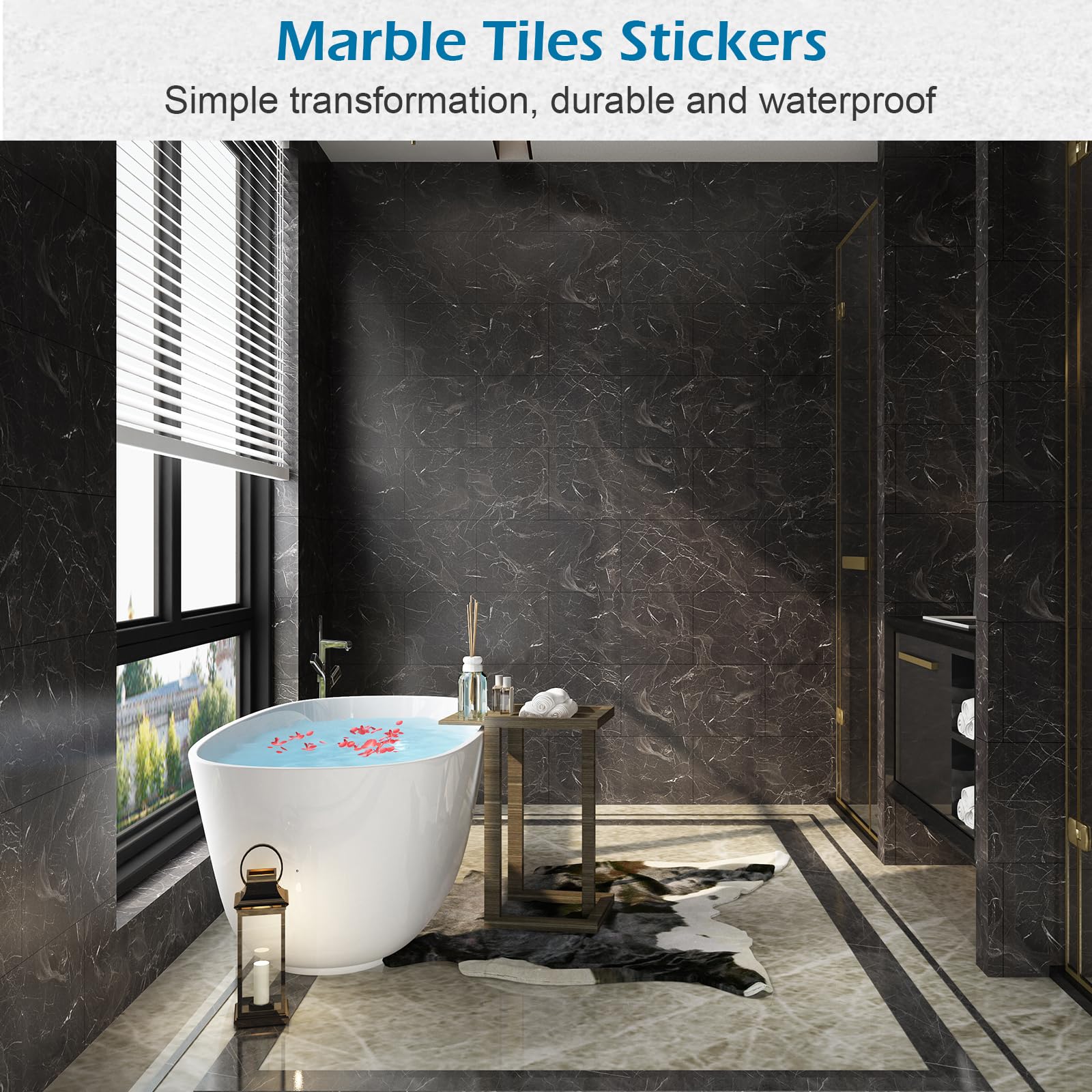 Waterproof Peel and Stick Vinyl Floor Tiles - Marble Pattern Removable Flooring for Bathroom, Kitchen, Bedroom & Basement - Easy DIY Home Renovation & Apartment Upgrades
