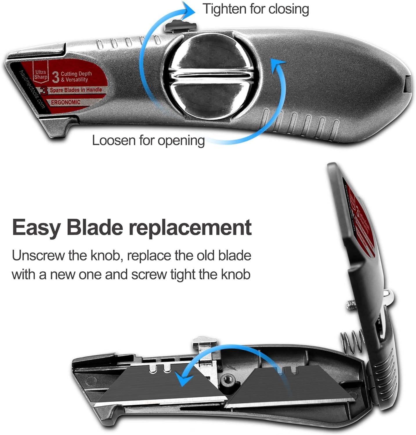 HAUTMEC Heavy-Duty Retractable Utility Knife - 3 Position Fixed Blade Box Cutter with Quick Change System & 3 Extra Blades - Aluminum Alloy Safety Razor Knife for Warehouse, Shipping, Packaging, DIY Projects HT0247-KN