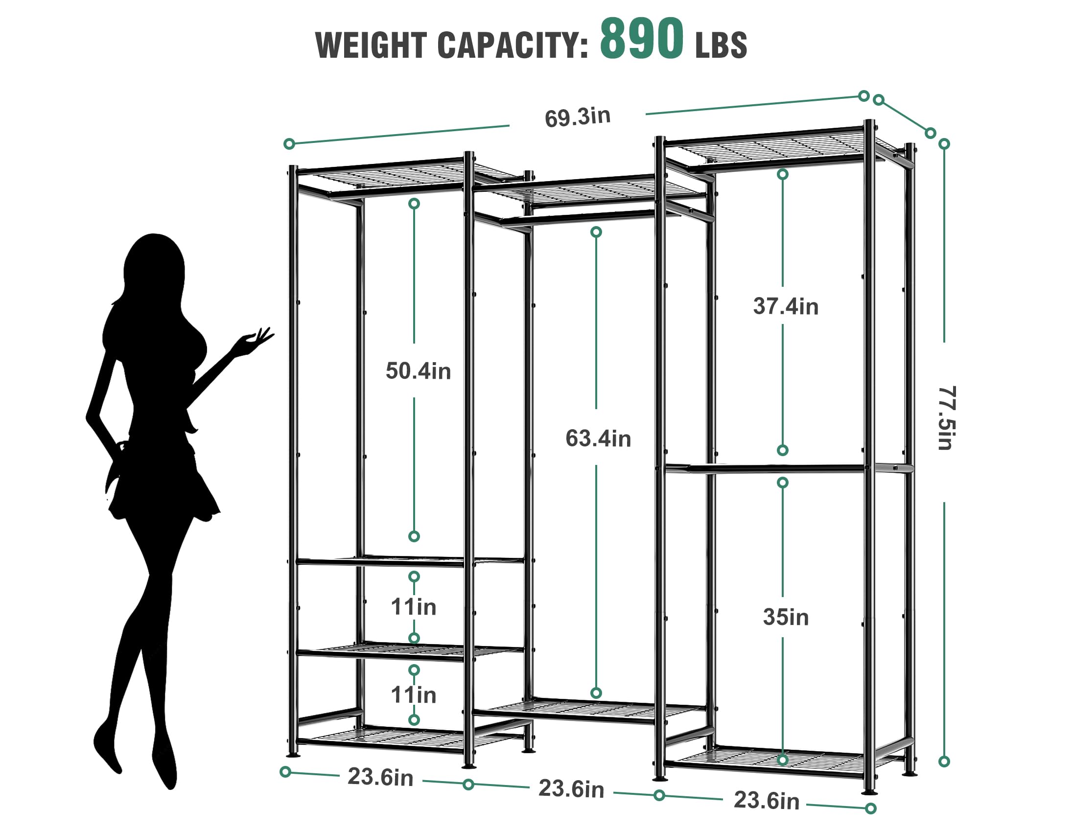Heavy Duty Portable Wardrobe Closet Organizer - 4 Hanging Rods & 8 Shelves Metal Garment Rack for Clothes Storage, Max Load 890 lbs - Perfect for Bedroom, Closet Organization, Dorm Room & Temporary Clothing Storage