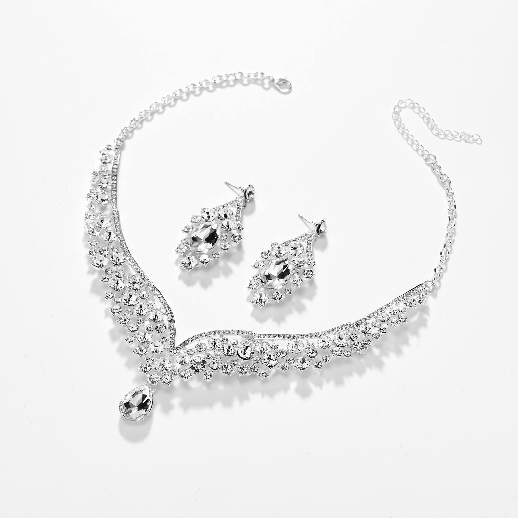 SWEETV 3-Piece Bridal Jewelry Set - Silver Wedding Crown Tiara with Matching Earrings & Necklace for Bride, Crystal Bridal Accessories for Wedding, Prom, Pageant, Birthday & Costume Parties (Ages 15+)