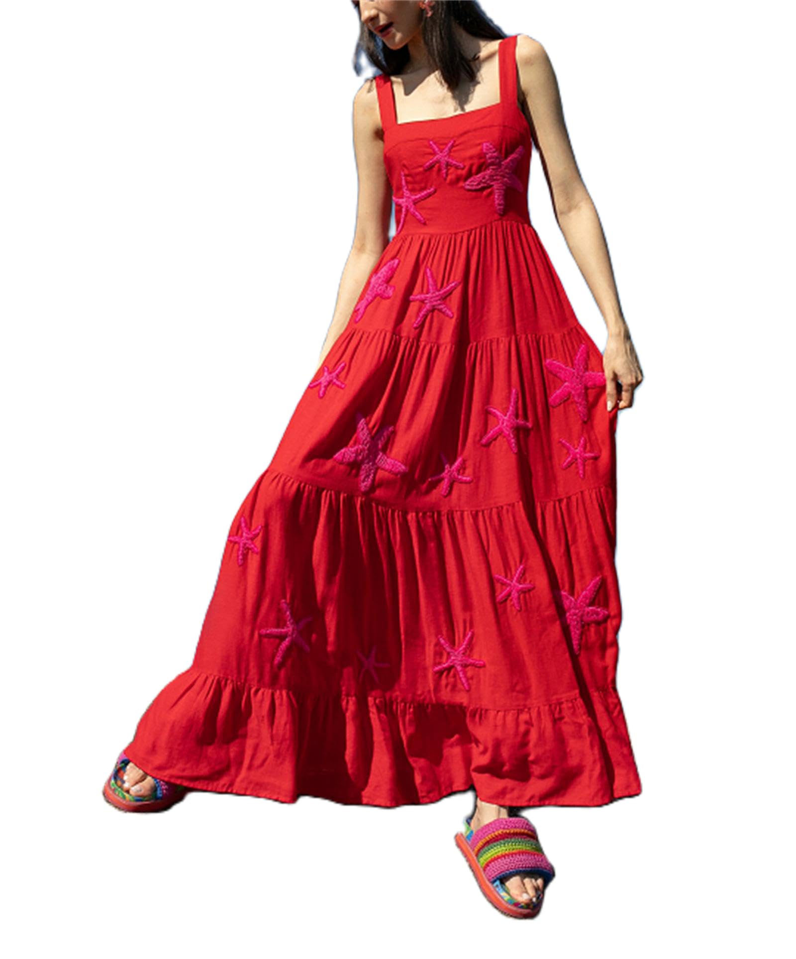 YuMengXuan Women's Boho Embroidered Maxi Dress - Flowy Summer Beach Dress with Ruffles & Spaghetti Straps | Perfect for Vacations, Music Festivals & Boho Chic Outfits