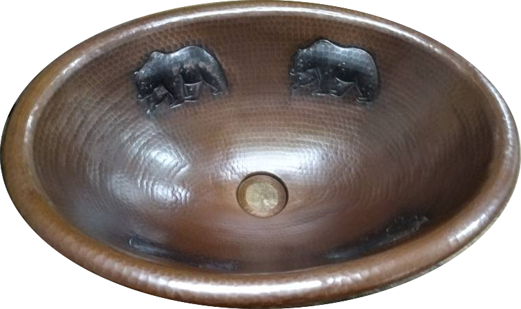 Handcrafted Oval Copper Sink with Bears Design - Rustic Rounded Edge for Farmhouse & Cabin Bathroom Decor