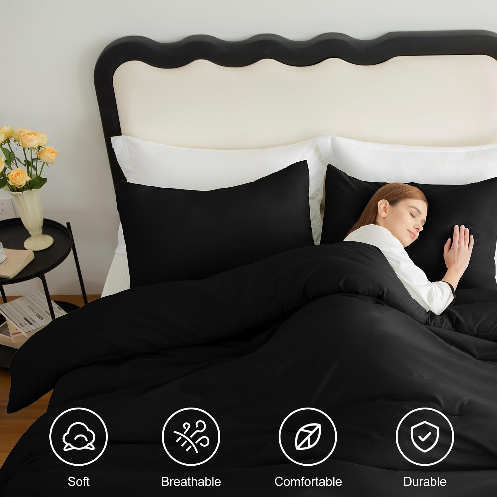 Premium King Size Comforter Set - 3 Piece Black Microfiber Down Alternative Bedding Set with Quilted Design | Ultra Soft & Breathable | Includes 1 Comforter & 2 Pillow Shams | Perfect for Master Bedroom, Guest Room & Luxury Hotel Style Decor